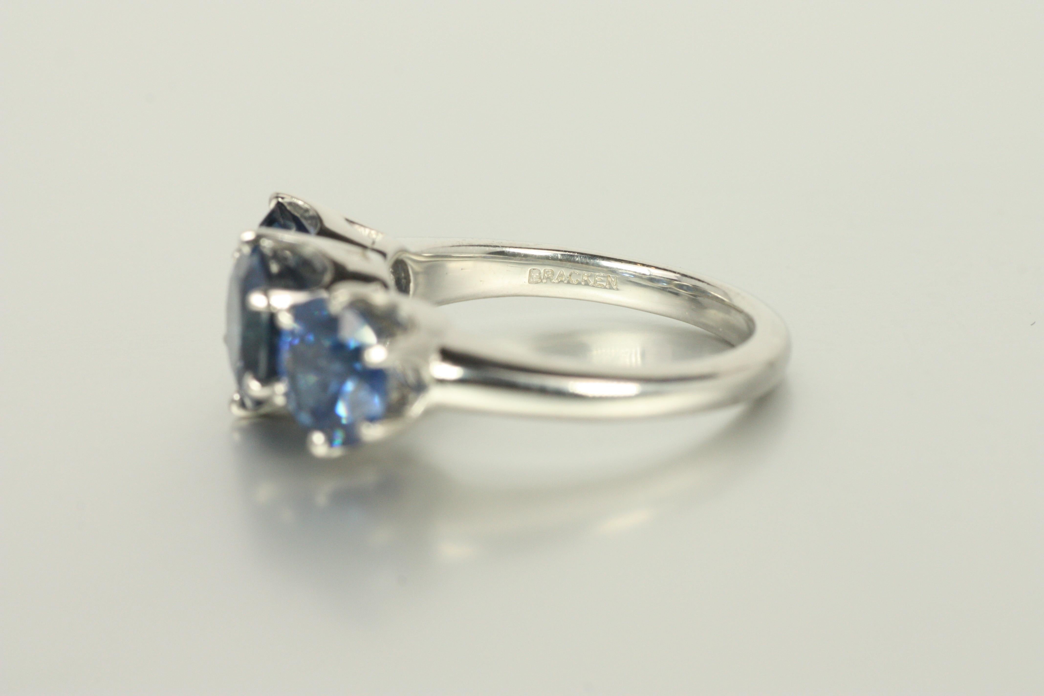 3-Stone Blue Sapphire Ring – 4.51cttw in Platinum Pronged Setting For Sale 2