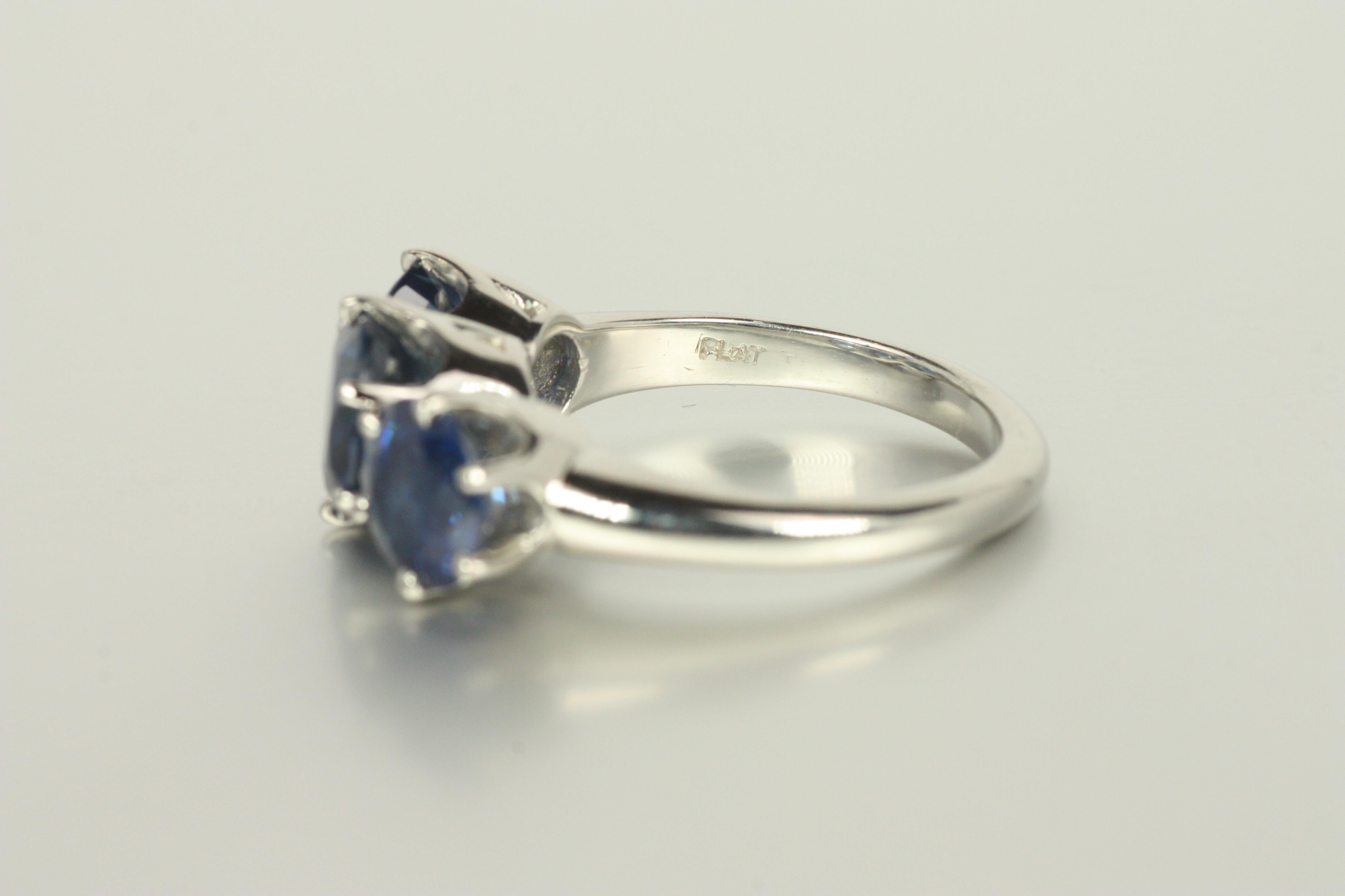 3-Stone Blue Sapphire Ring – 4.51cttw in Platinum Pronged Setting For Sale 3