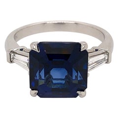 3-Stone Blue Sapphire Ring with Tapered Baguette Diamonds