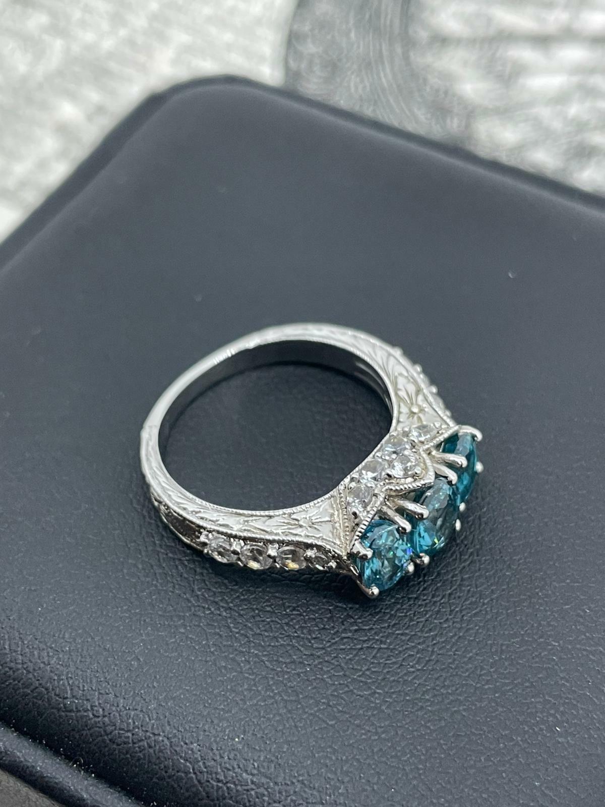 Women's 3-Stone Blue Topaz & CZ Vintage 1980's Ring in 925 Sterling Silver For Sale