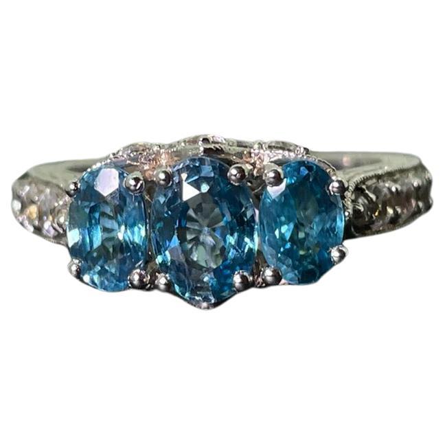 3-Stone Blue Topaz & CZ Vintage 1980's Ring in 925 Sterling Silver For Sale