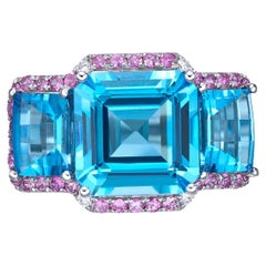3 Stone Blue Topaz, Pink Sapphire, & Diamond Ring in 18 Karat White Gold