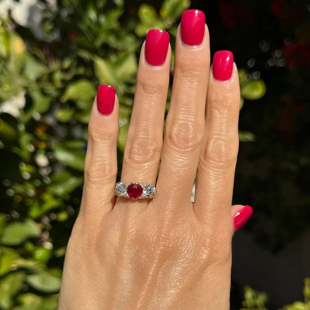 Mixed Cut 3 Stone Burma Ruby and Old European Cut Diamond GIA Victorian Gold Band Ring For Sale