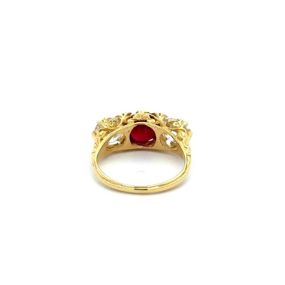 Women's 3 Stone Burma Ruby and Old European Cut Diamond GIA Victorian Gold Band Ring For Sale