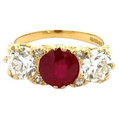 Antique 3 Stone Burma Ruby and Old European Cut Diamond GIA Victorian Gold Band Ring