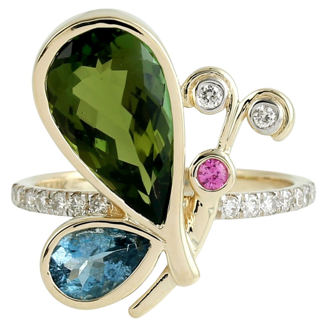 Anello a farfalla con 3 pietre e pavé di diamanti in oro giallo 14k in vendita