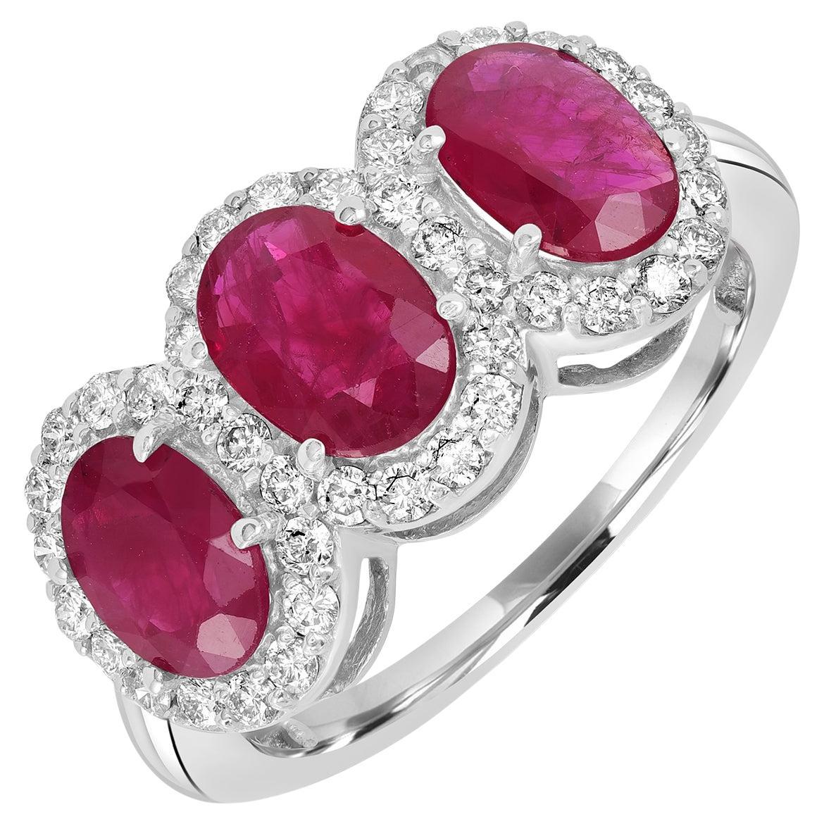 3 Stone Ceylon Mosambique Ruby Band Ring With Diamonds Made In 18k White Gold (bague en or blanc 18 carats)