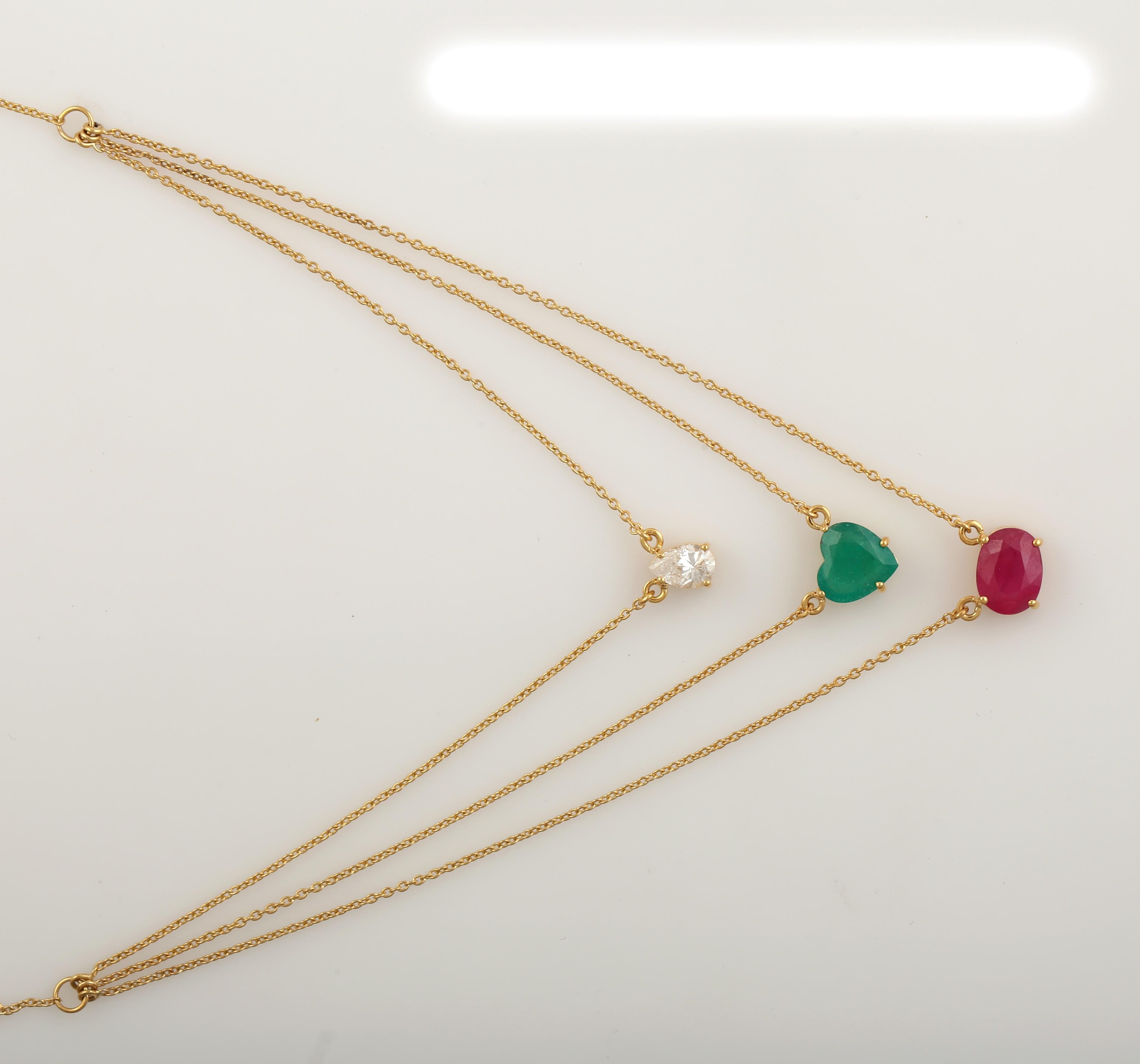 3 Steinkette Halskette aus 18 Karat Gelbgold (Gemischter Schliff) im Angebot