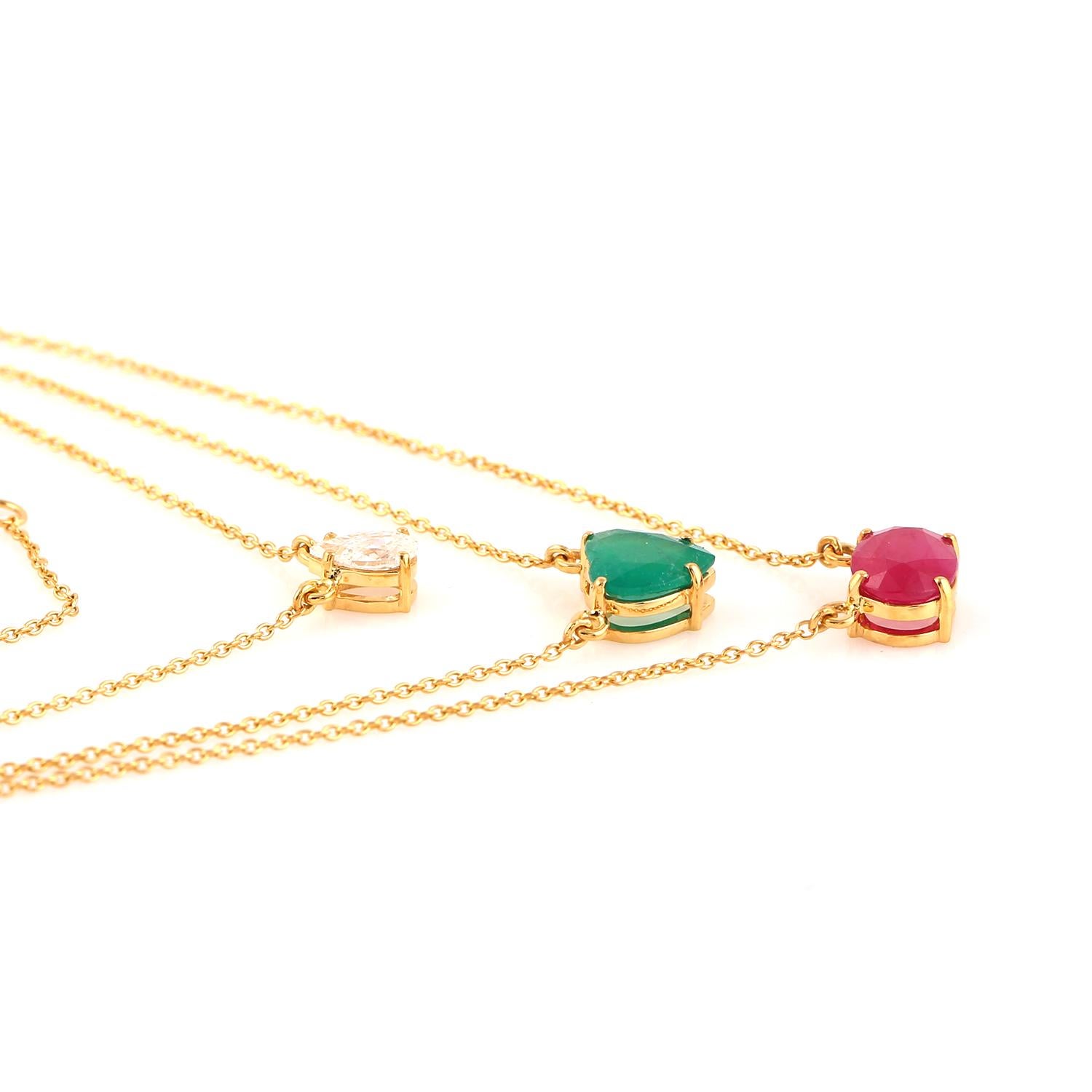 Taglio misto Collana a catena con 3 pietre in oro giallo 18k in vendita