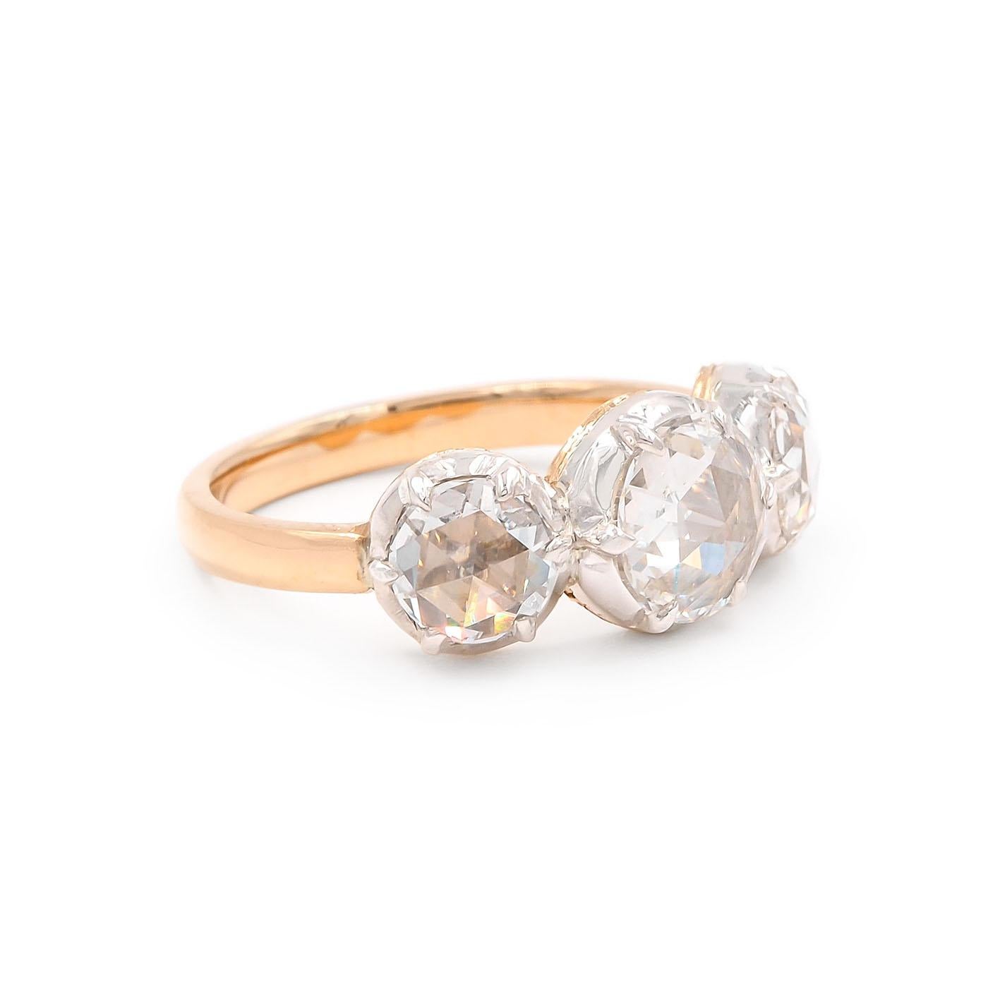 Victorian-Inspired 1.66 Ctw. Rose Cut Diamond 3-Stone Ring from Bespoke by Platt, composed of 18k yellow gold and silver. The 3 reclaimed Rose Cut diamonds weigh approximately 1.66 carats in total (a 0.75 carat diamond at the center, flanked by a
