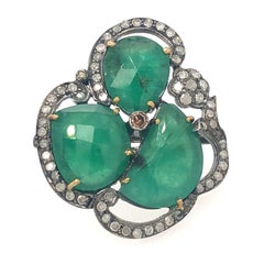 3 Stone Designer Sliced Emerald Ring with Pave diamonds in 18K Gold and Silver