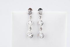 3-Stone Diamond Bezel Set 1.80 Carat 14 Karat White Gold Drop Dangle Earrings