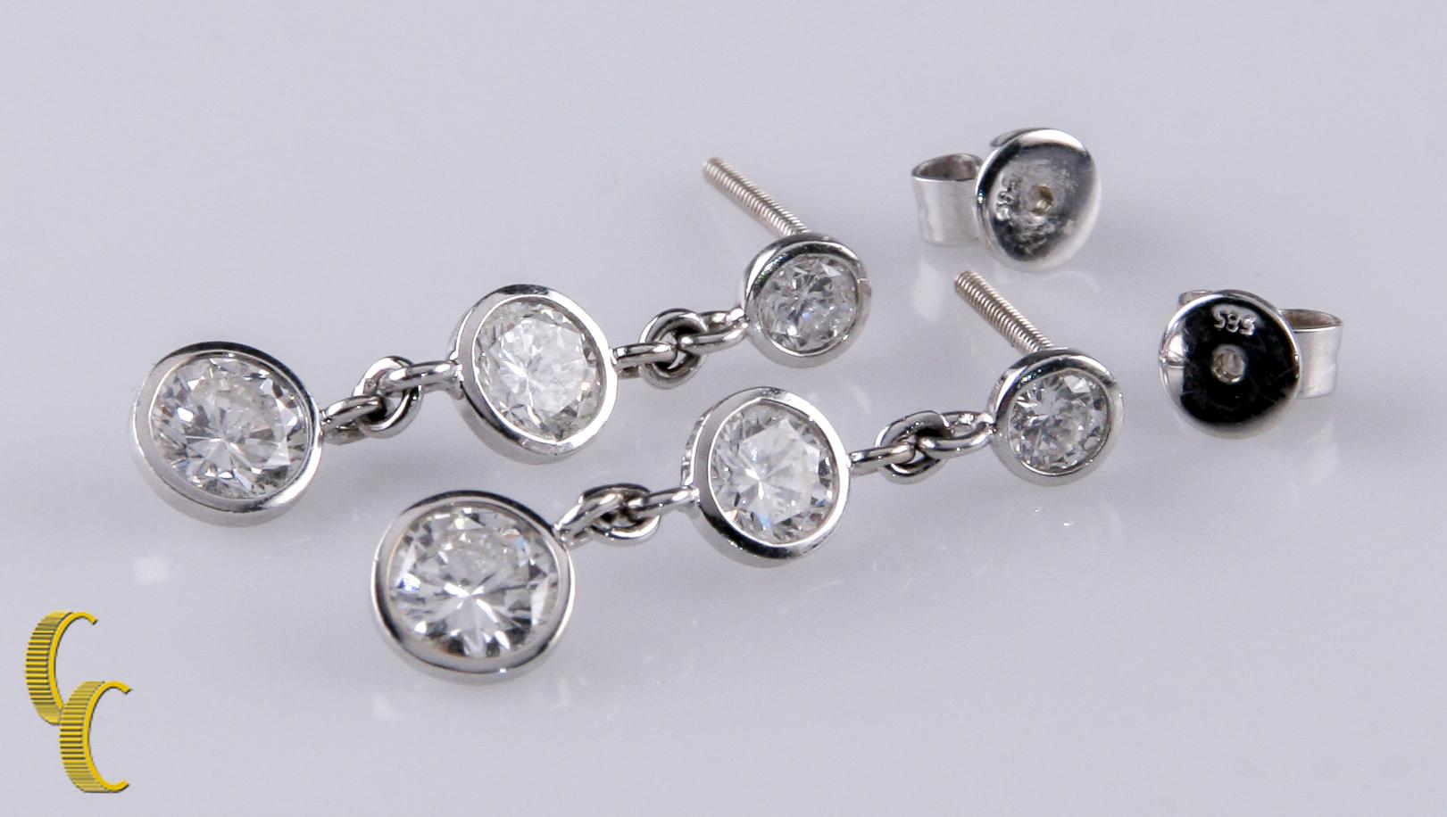 Women's 3-Stone Diamond Bezel Set 1.80 Carat 14 Karat White Gold Drop Dangle Earrings For Sale