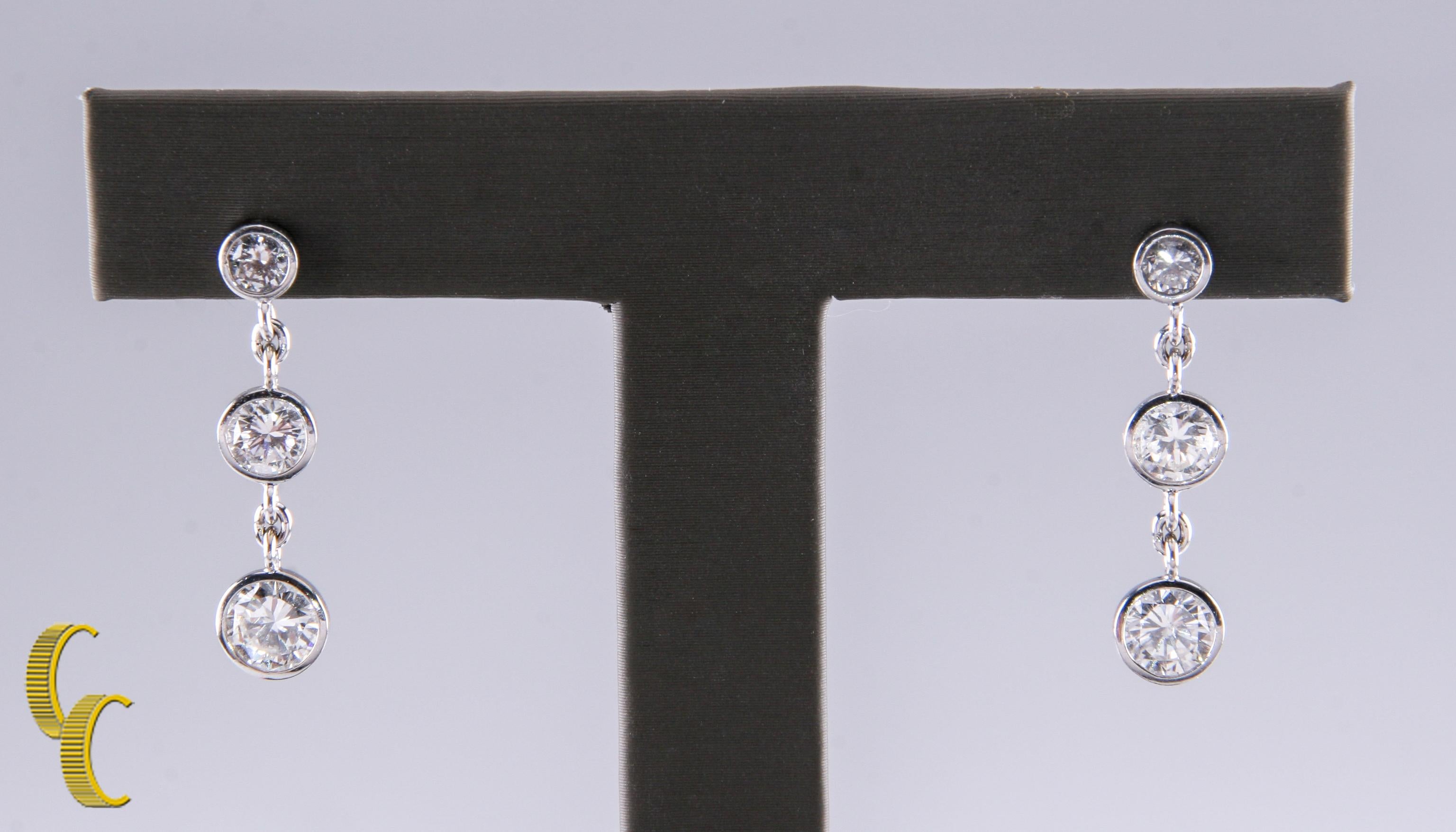 3-Stone Diamond Bezel Set 1.80 Carat 14 Karat White Gold Drop Dangle Earrings For Sale 1