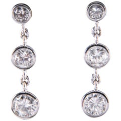 3-Stone Diamond Bezel Set 1.80 Carat 14 Karat White Gold Drop Dangle Earrings