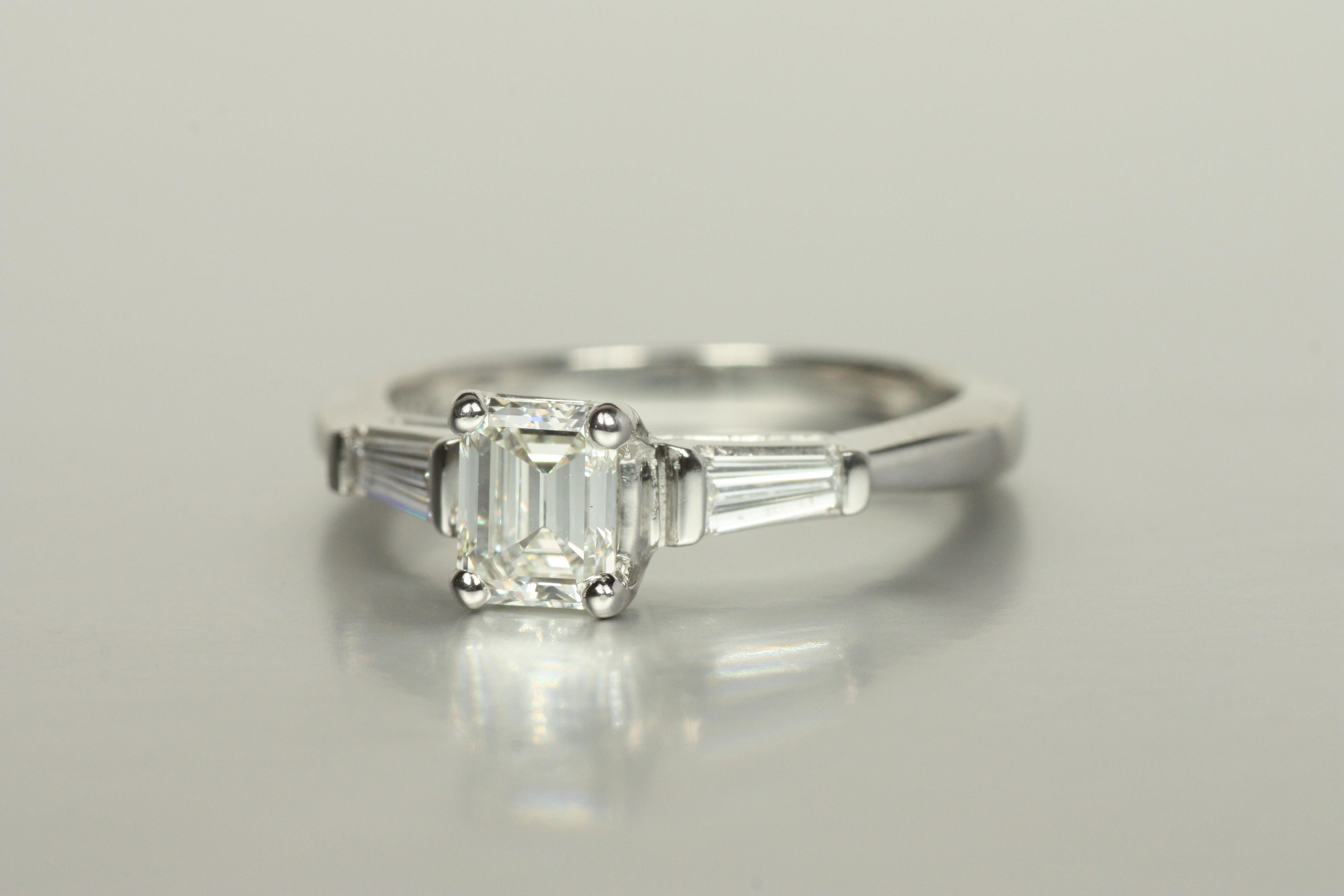 3-Stone Diamond Engagement Ring – 0.84ct Emerald Cut & Baguettes Platinum In New Condition For Sale In Santa Monica, CA