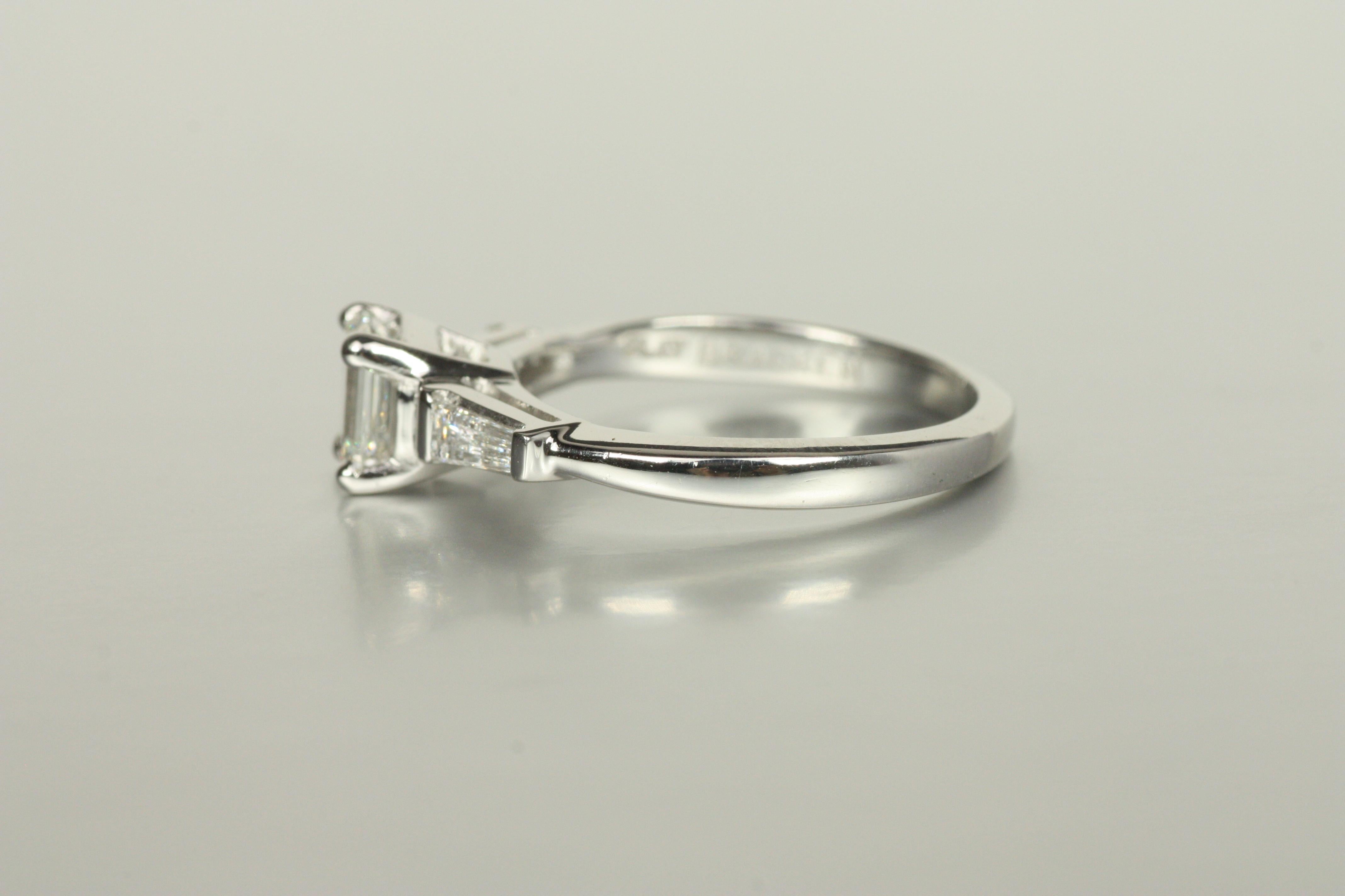 Women's 3-Stone Diamond Engagement Ring – 0.84ct Emerald Cut & Baguettes Platinum For Sale