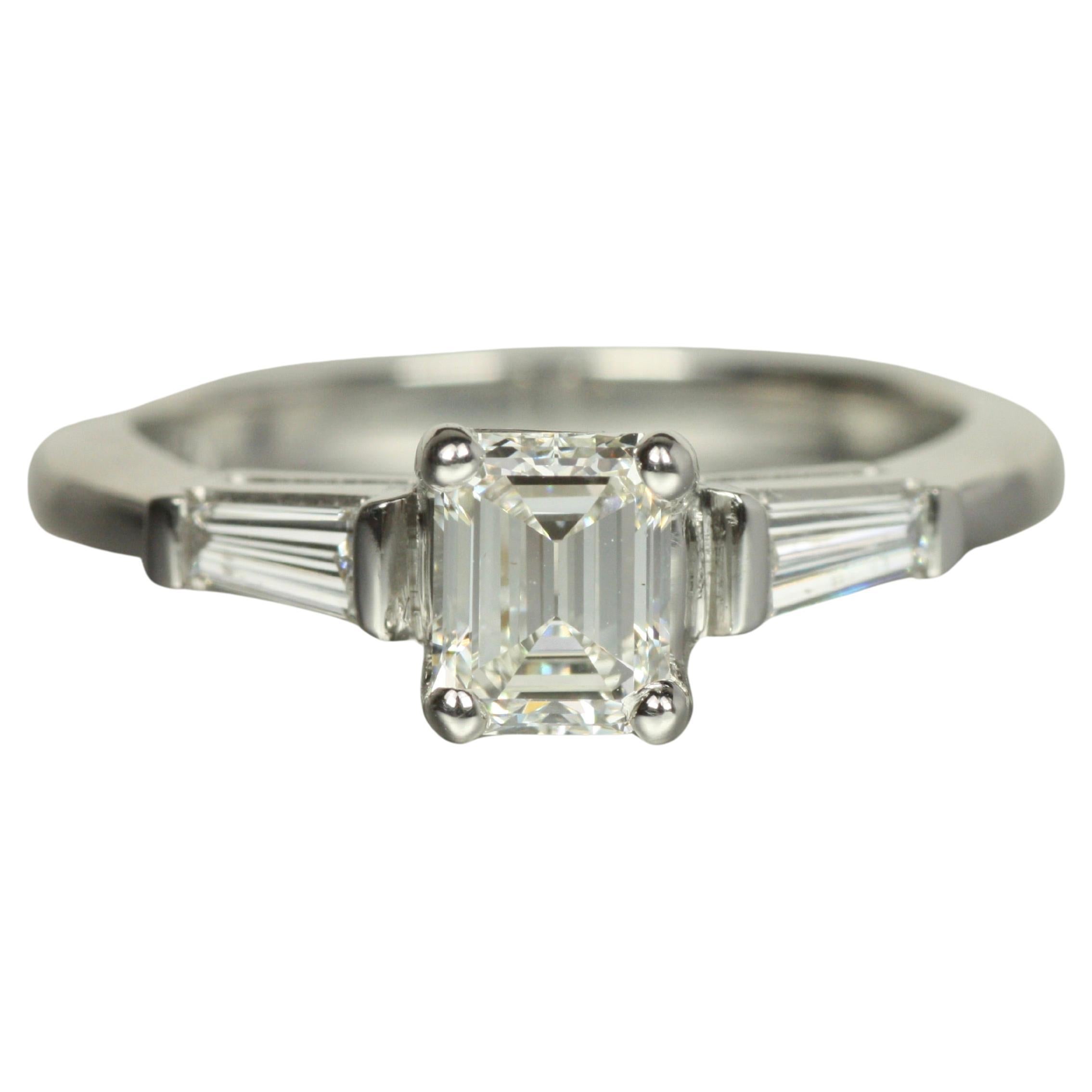 3-Stone Diamond Engagement Ring – 0.84ct Emerald Cut & Baguettes Platinum For Sale