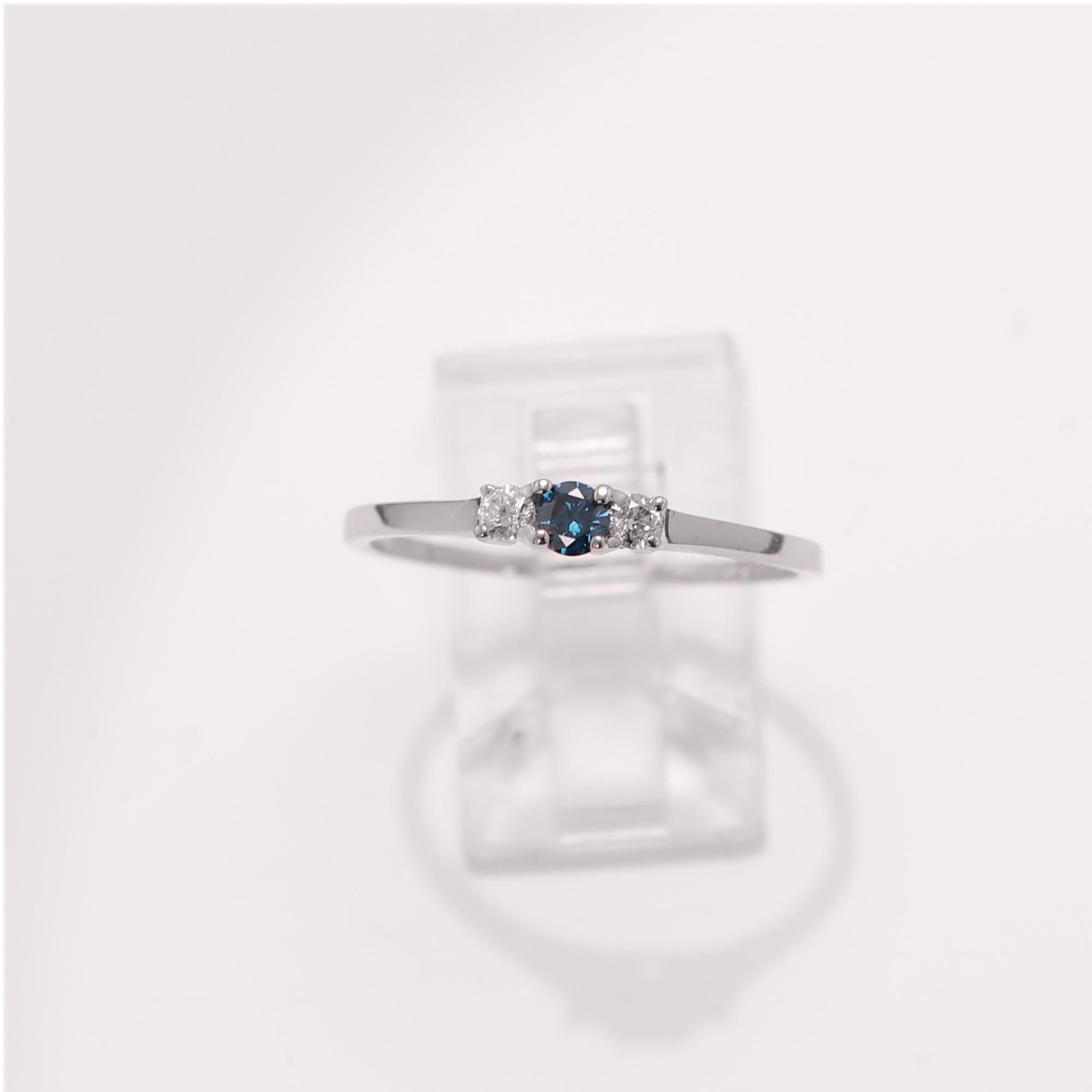 3 Stone Diamond Ring 14 karat White Gold Blue and White Diamonds Thin Gold Ring For Sale 5