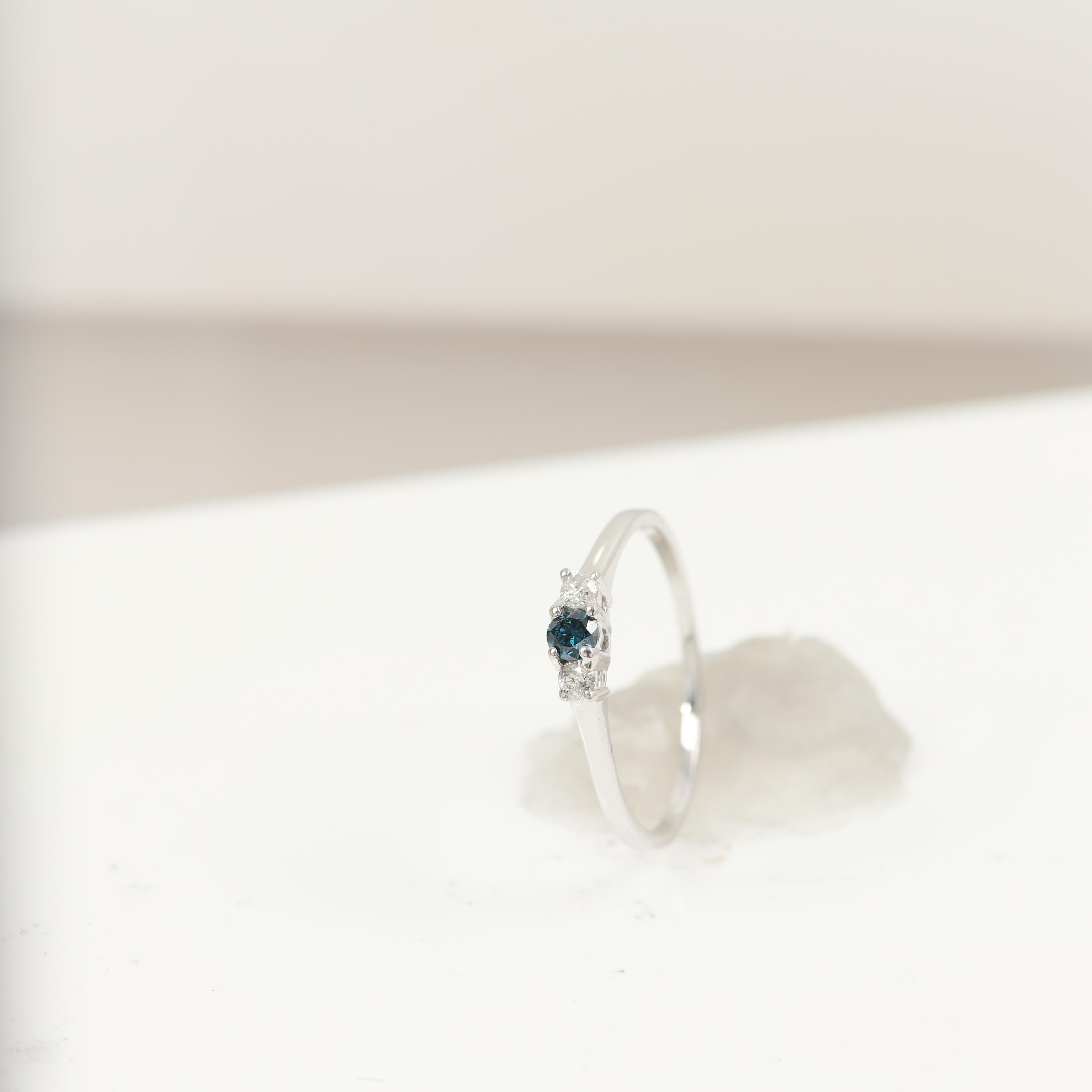 3 Stone Diamond Ring 14 karat White Gold Blue and White Diamonds Thin Gold Ring For Sale 7