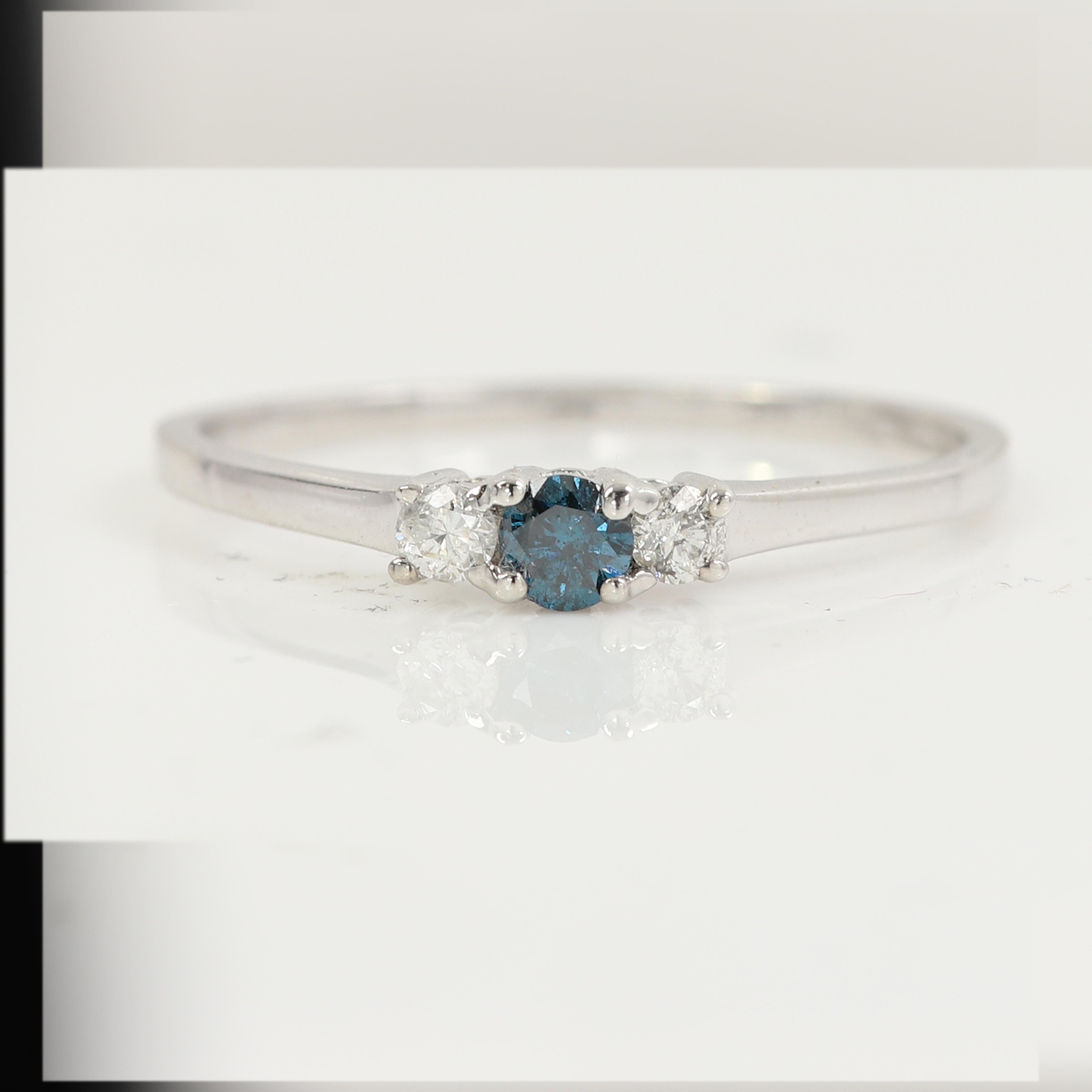 Round Cut 3 Stone Diamond Ring 14 karat White Gold Blue and White Diamonds Thin Gold Ring For Sale
