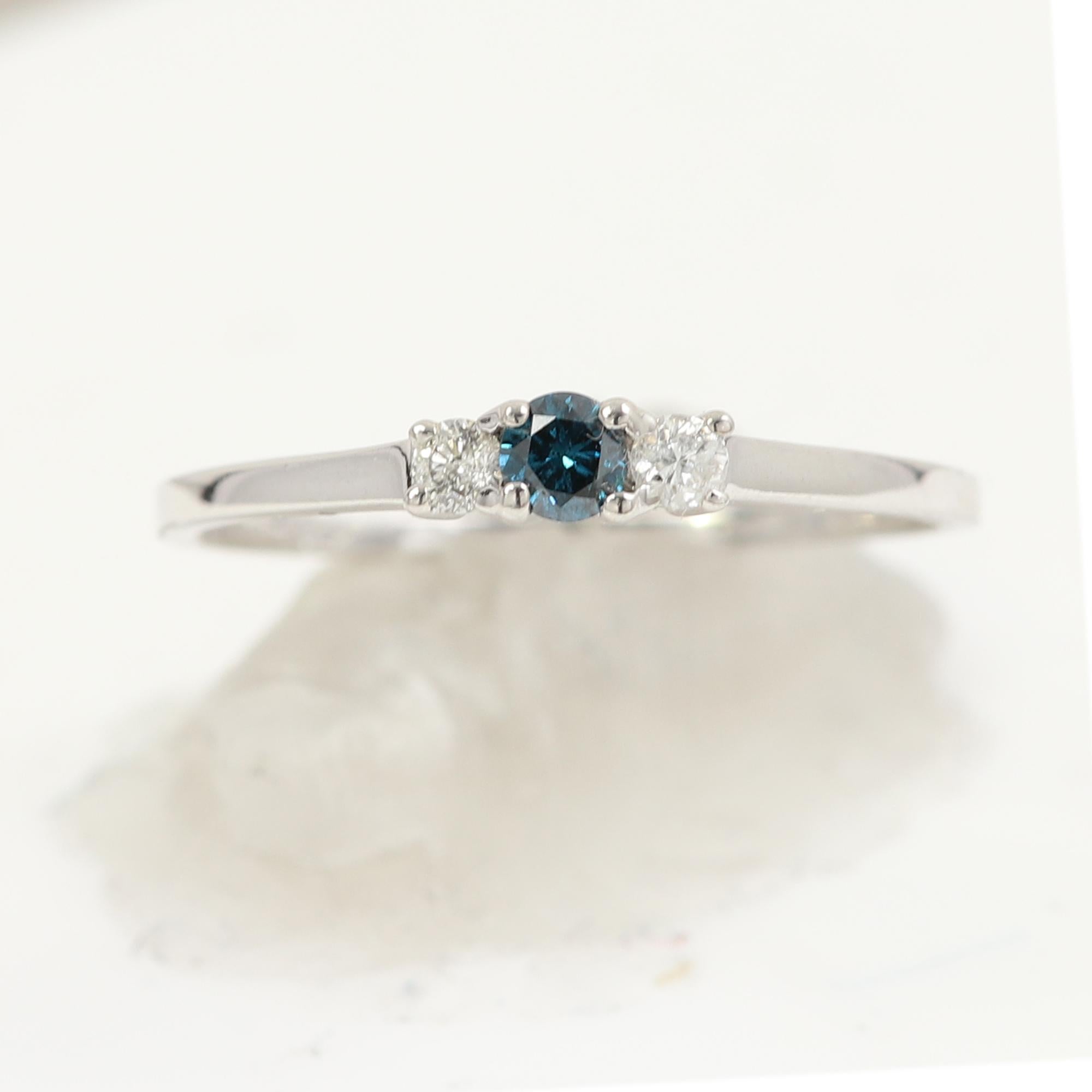 Women's 3 Stone Diamond Ring 14 karat White Gold Blue and White Diamonds Thin Gold Ring For Sale