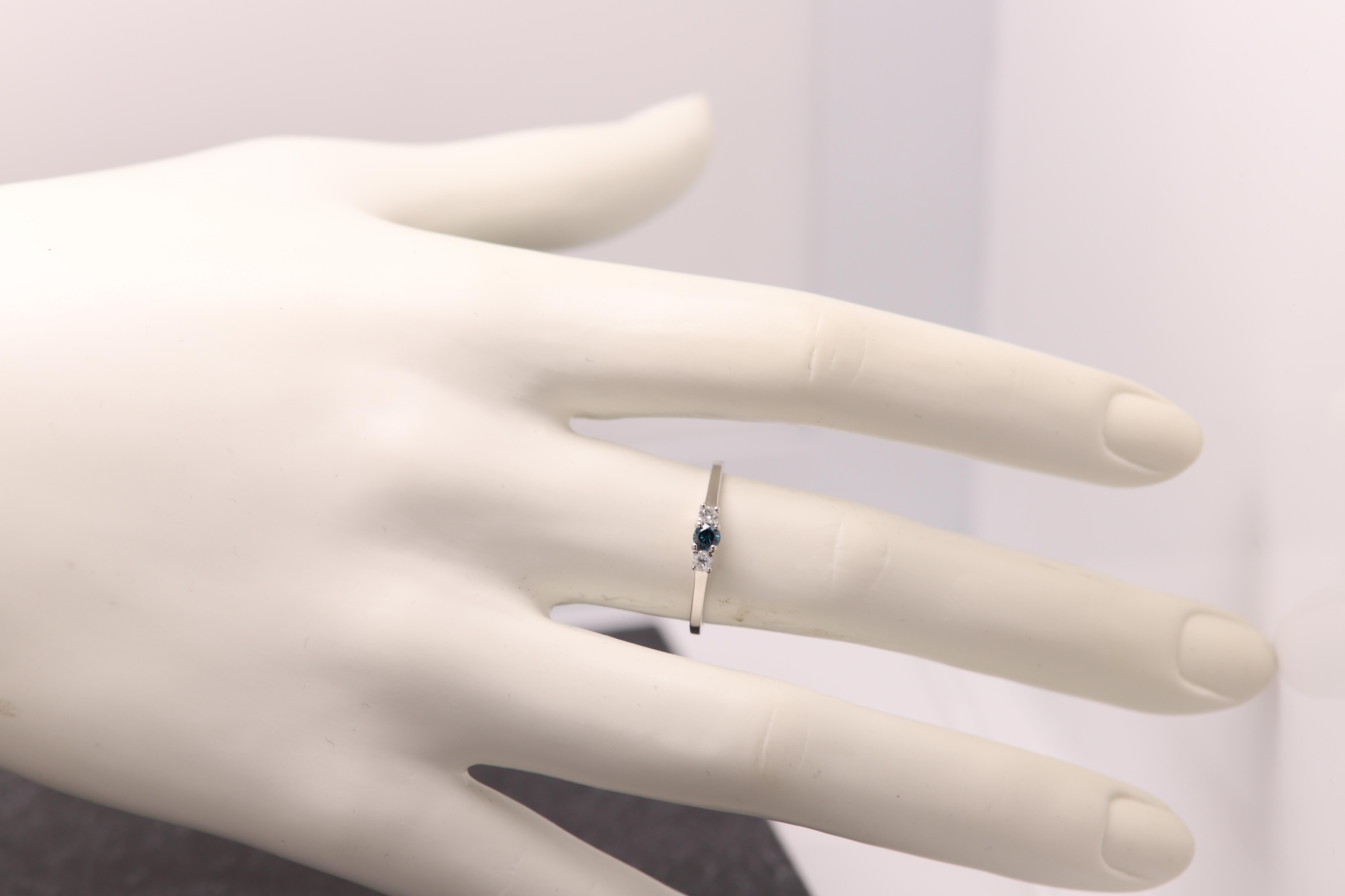 3 Stone Diamond Ring 14 karat White Gold Blue and White Diamonds Thin Gold Ring For Sale 1