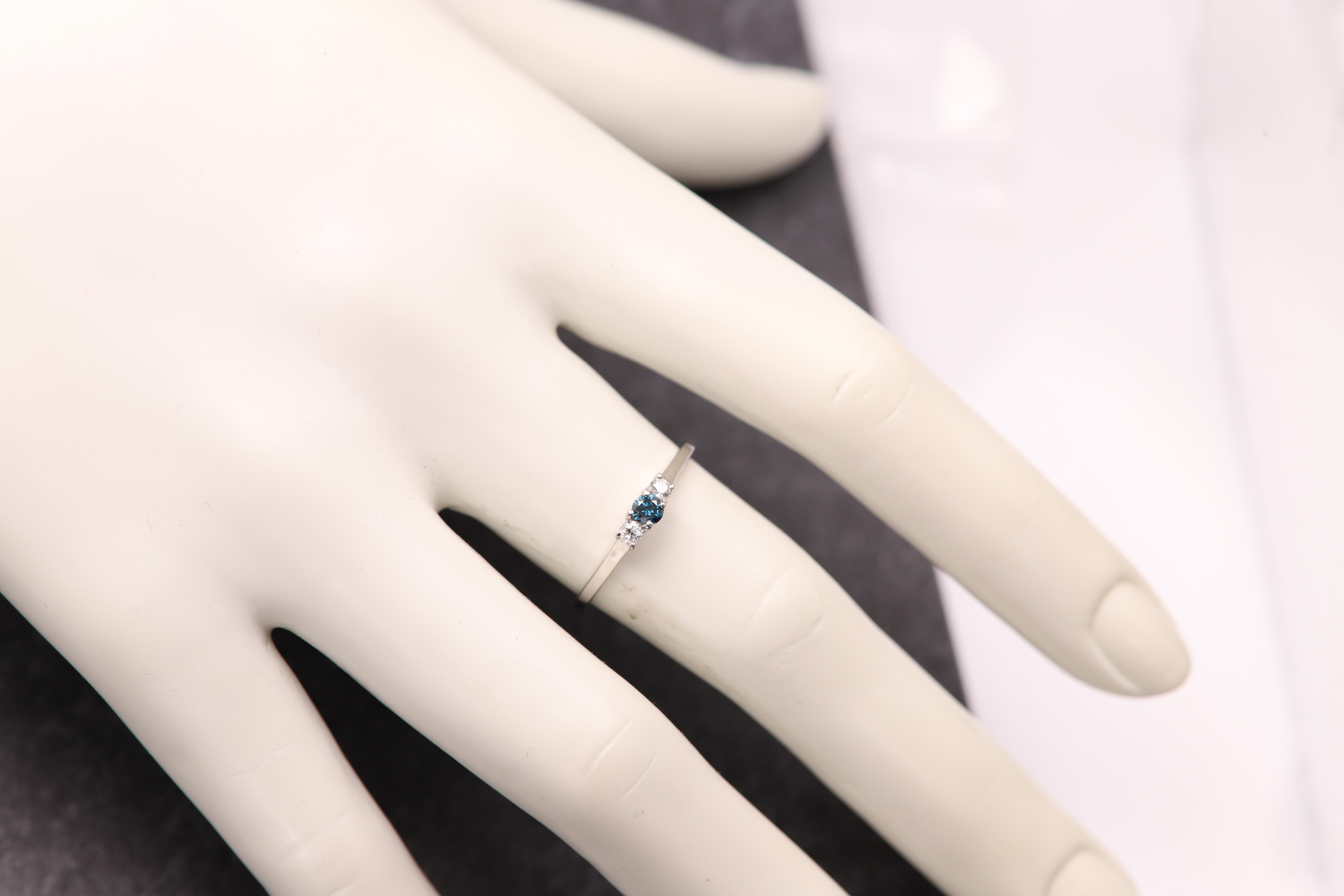 3 Stone Diamond Ring 14 karat White Gold Blue and White Diamonds Thin Gold Ring For Sale 2