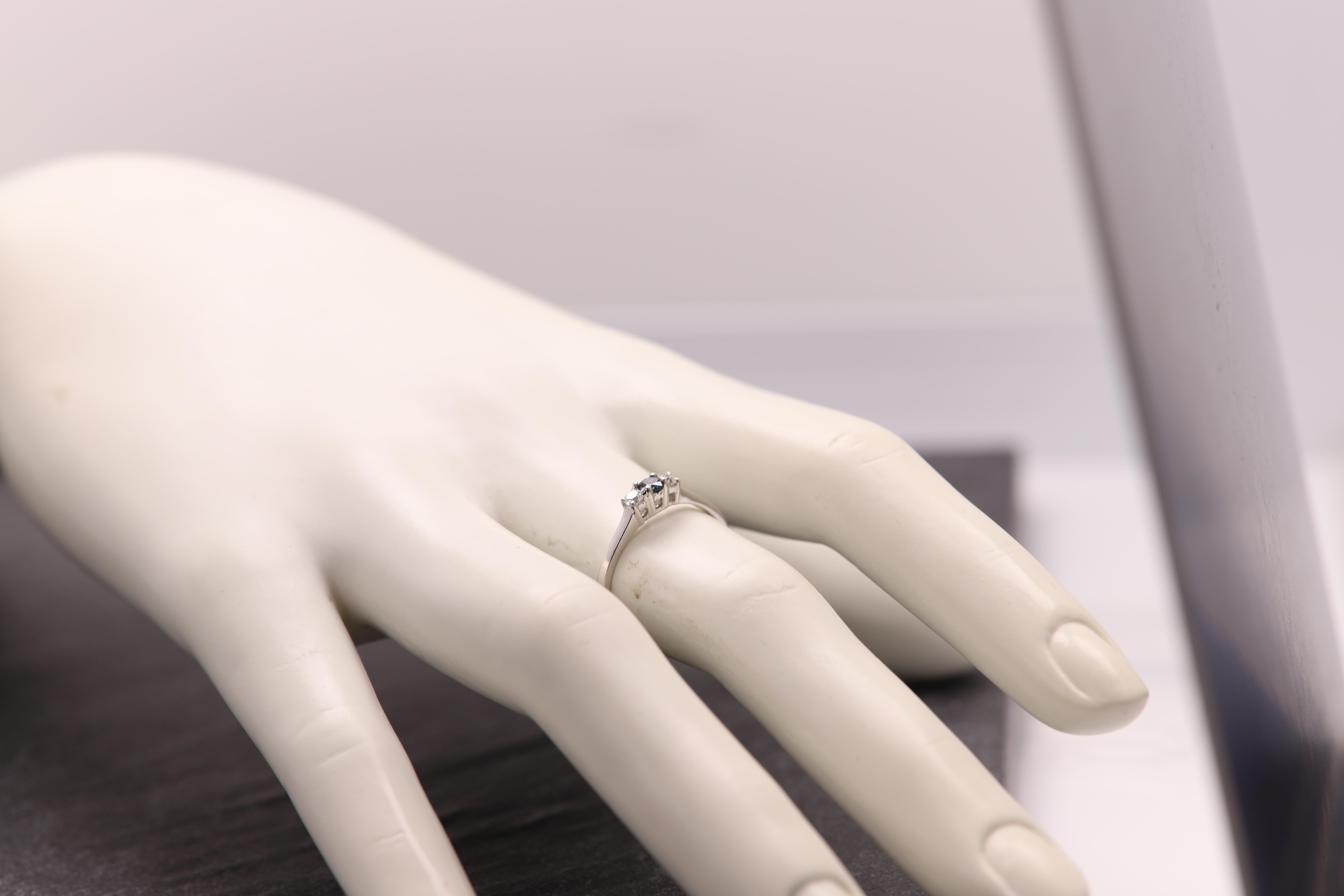 3 Stone Diamond Ring 14 karat White Gold Blue and White Diamonds Thin Gold Ring For Sale 3
