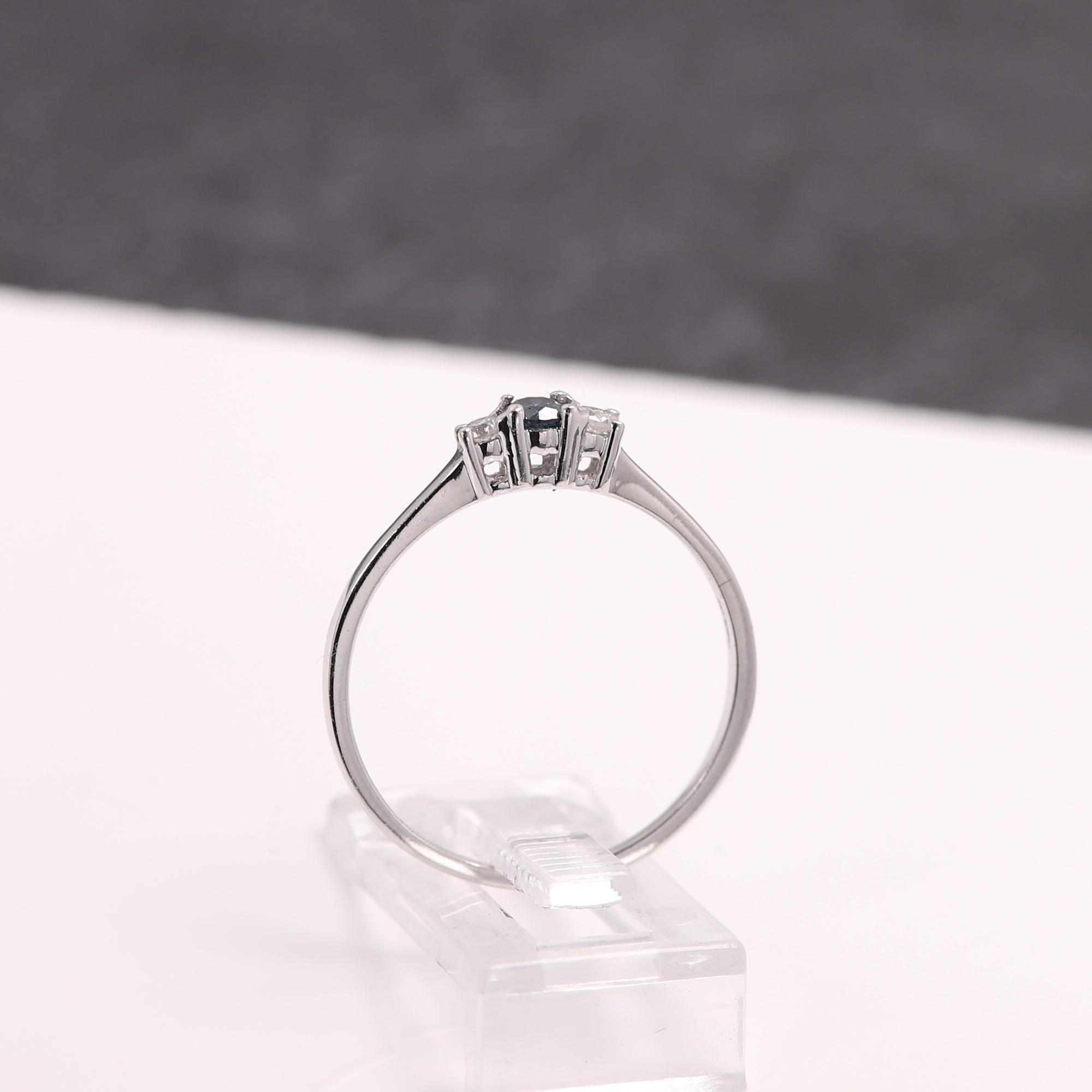 3 Stone Diamond Ring 14 karat White Gold Blue and White Diamonds Thin Gold Ring For Sale 4