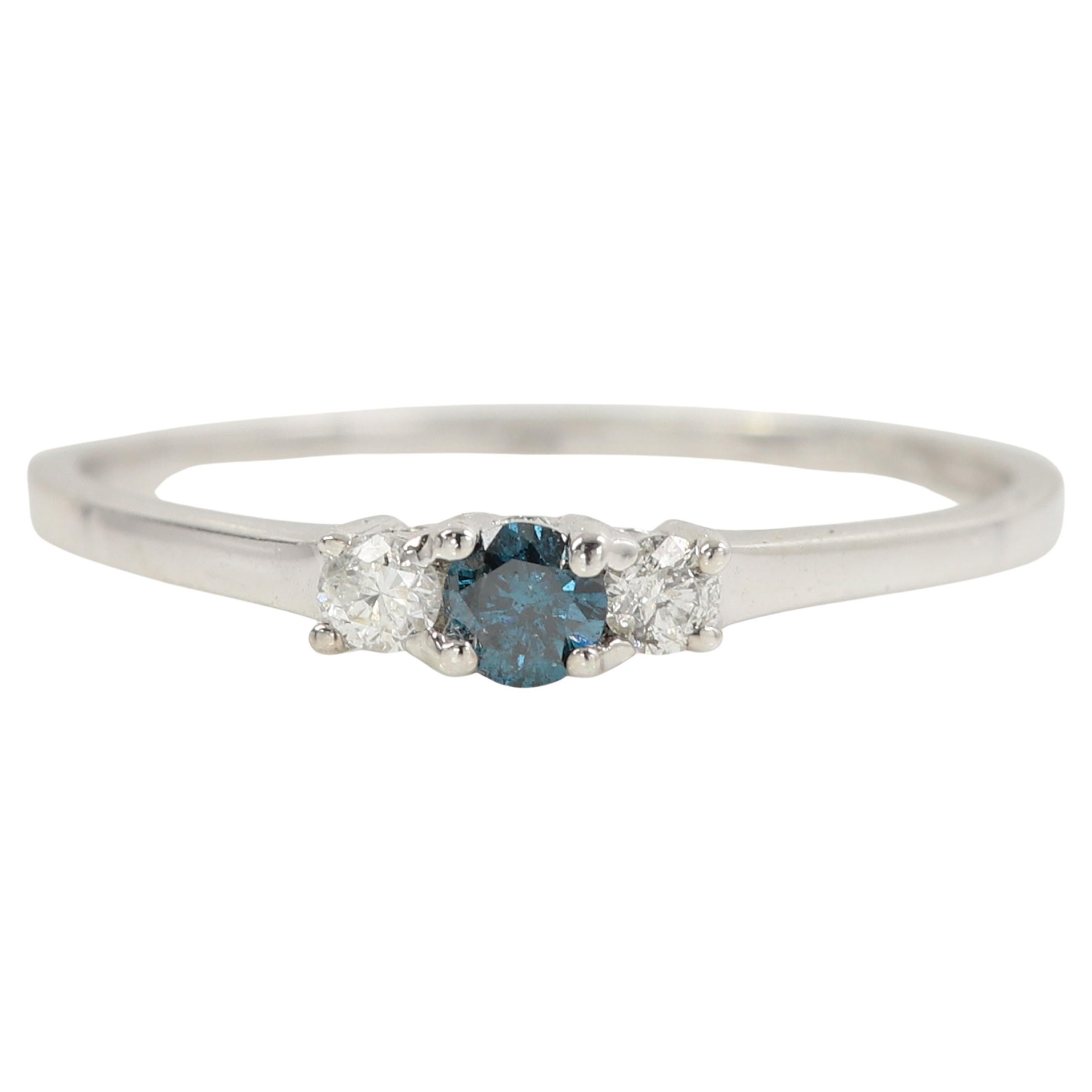 3 Stone Diamond Ring 14 karat White Gold Blue and White Diamonds Thin Gold Ring