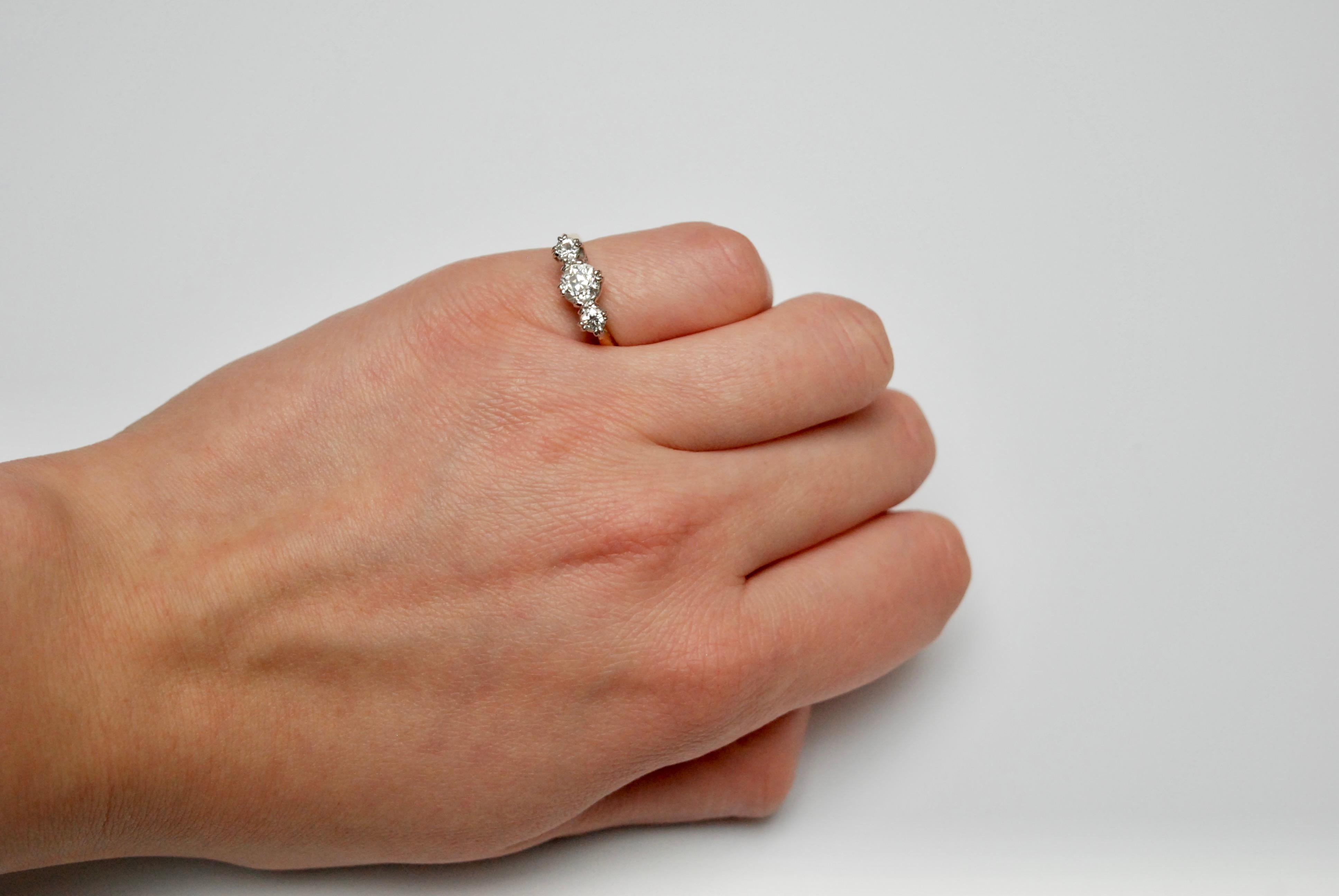 Old European Cut 3 Stone Diamond Ring, Early 20th Century For Sale