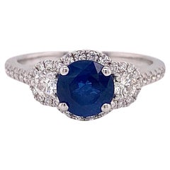 3 Stone, Diamond Ring, Sapphire and Diamond Halo Ring 1.95 Carat