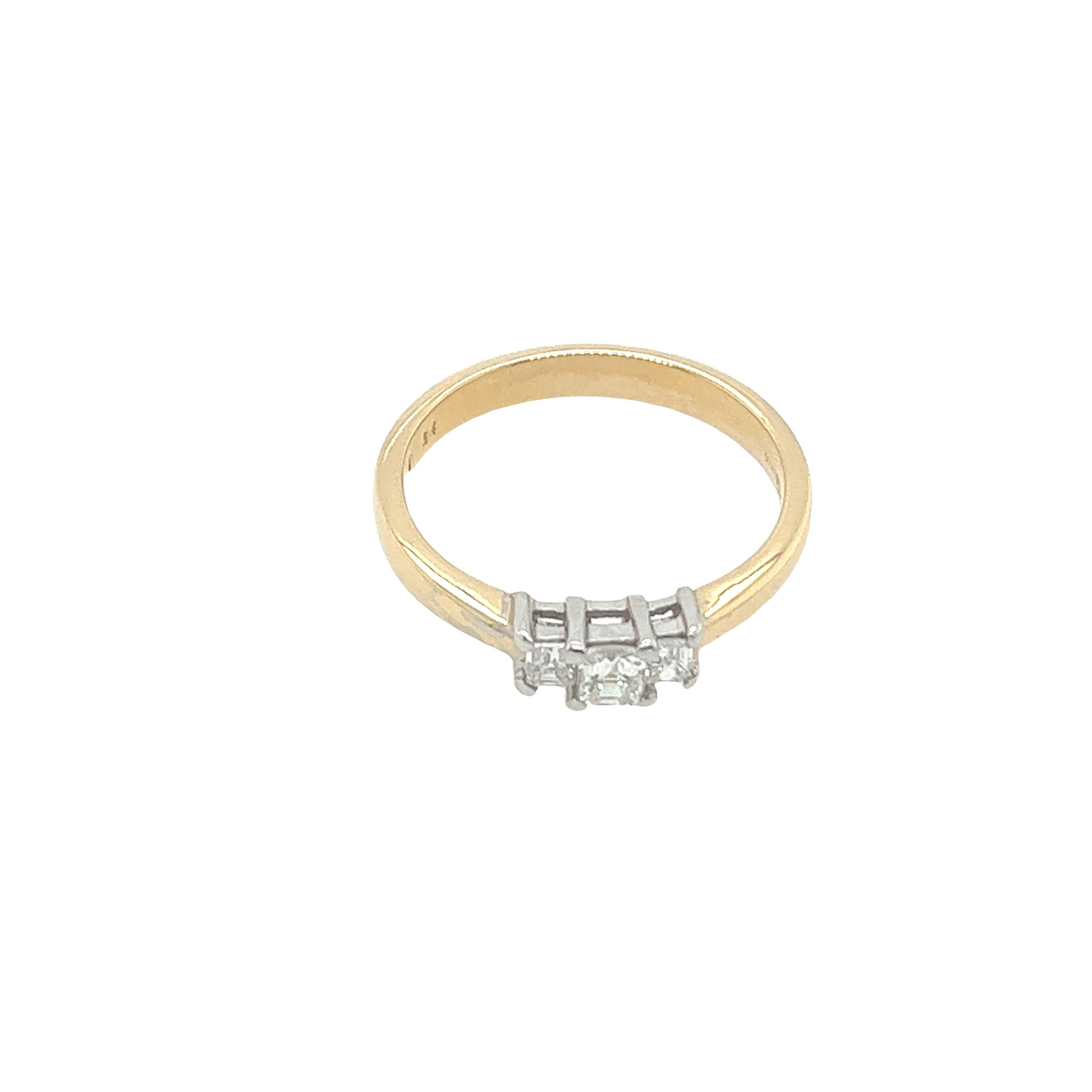 This is a beautiful 3-stone diamond ring with a total weight of 0.35ct square shape diamonds, 
set in 18ct yellow & white gold. The trilogy ring set is the symbol of love and eternity. 
Total Diamond Weight: 0.35ct
Diamond Colour: H
Diamond Clarity: