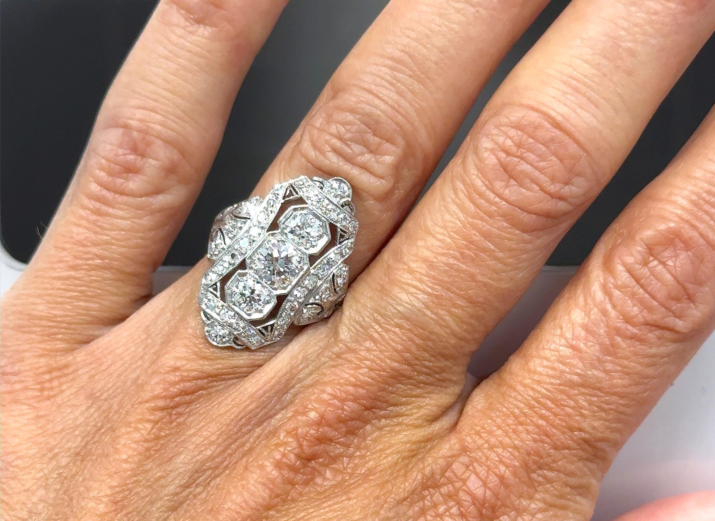 Women's 3 Stone Diamond Ring with Antique Single Cuts Genuine 1930's Art Deco Platinum For Sale