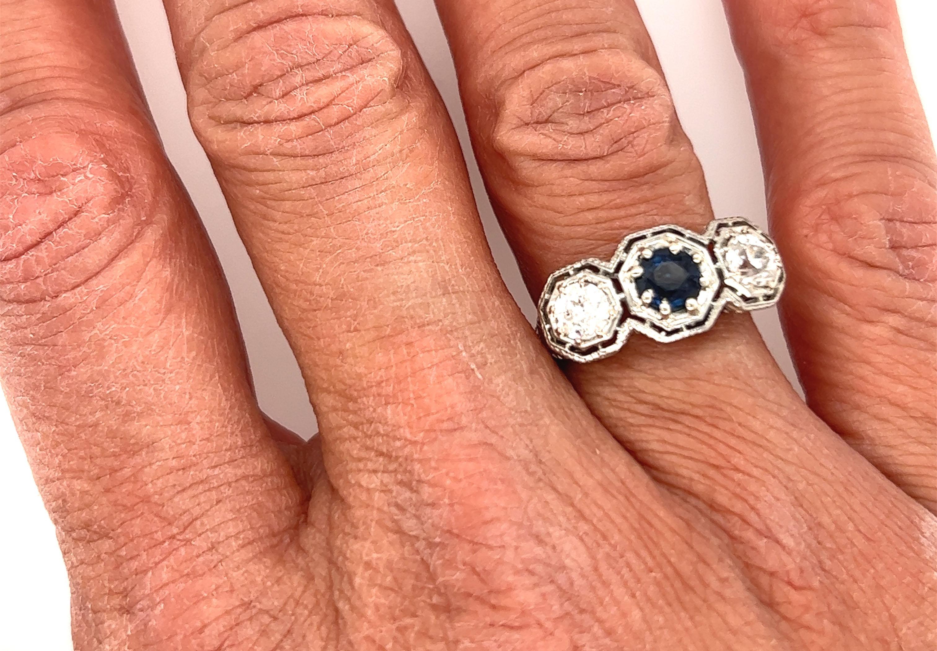 3 Stone Diamond Sapphire Ring 1.45ct Original 1920's Belais Brothers Antique 1