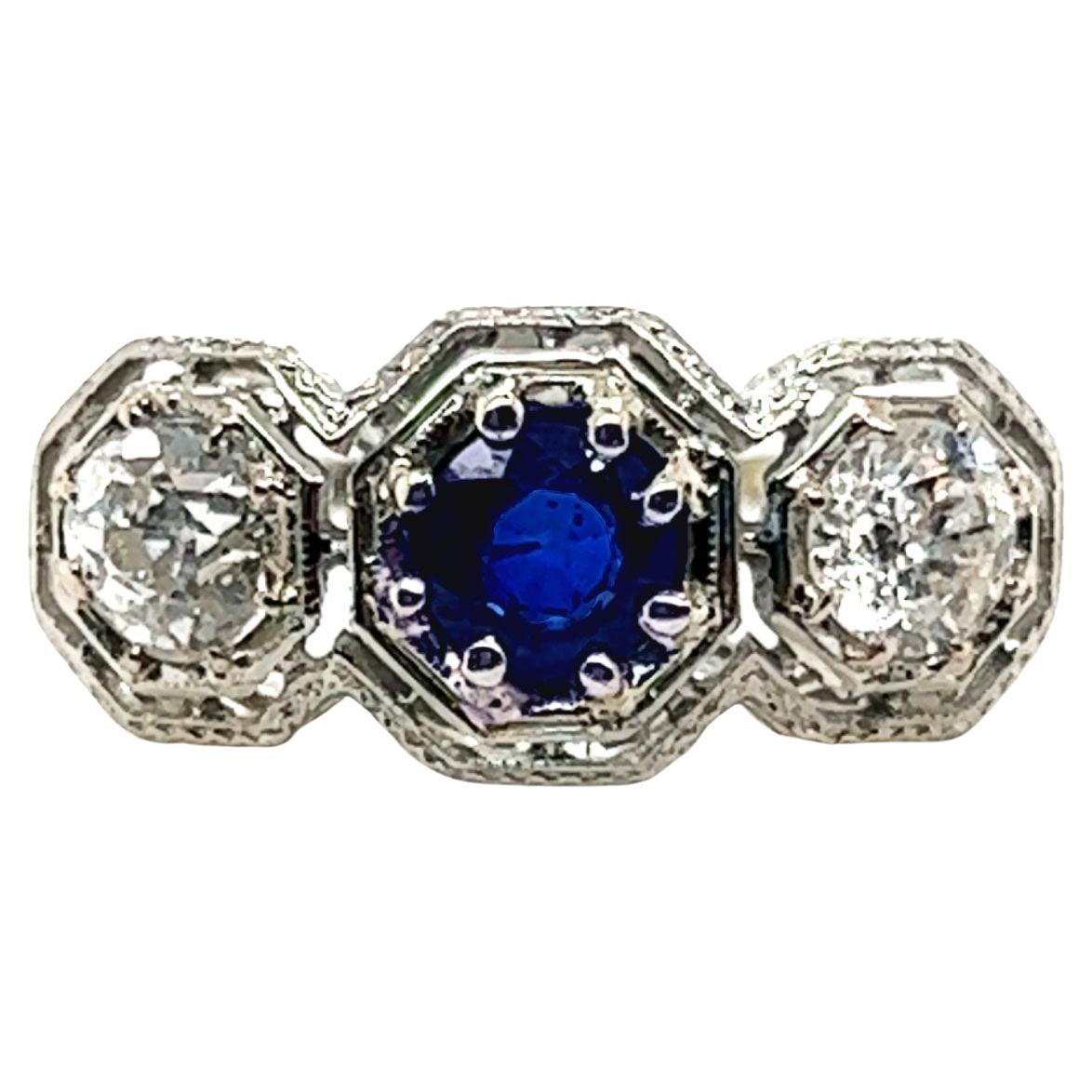 3 Stone Diamond Sapphire Ring 1.45ct Original 1920's Belais Brothers Antique