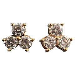3 Stone Diamond Stud Earrings 1.90 Carats VS E-G in 18K Yellow Gold