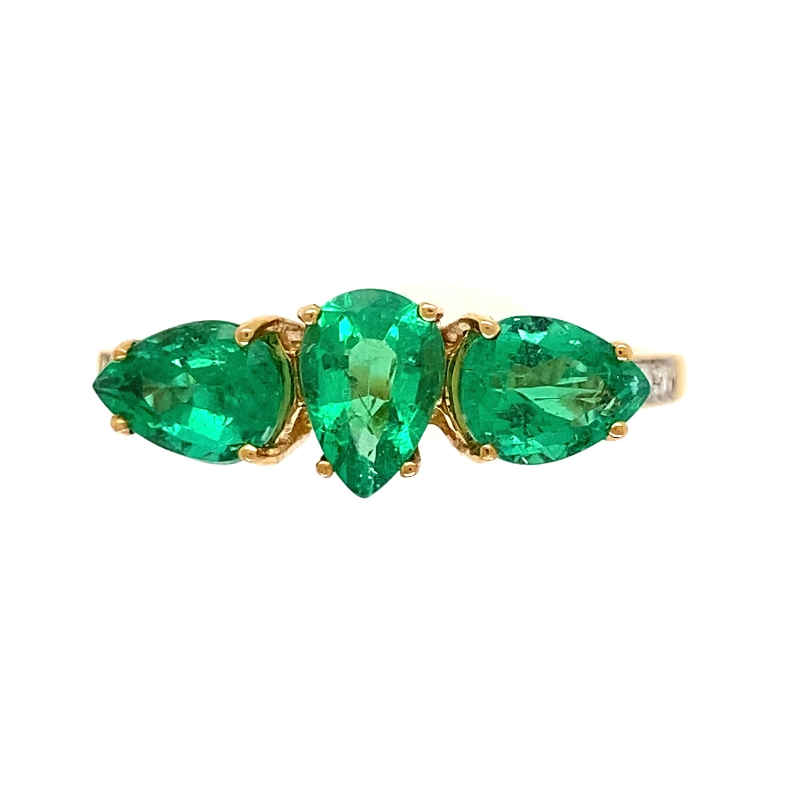 Simply Beautiful! Three-Stone Emerald and Diamond Ring. Securely Hand set with 3 Ethiopian Emeralds, weighing approx. 2.14tcw and Diamonds on either side of shank, weighing approx.0.04tcw. Dimensions 1.09