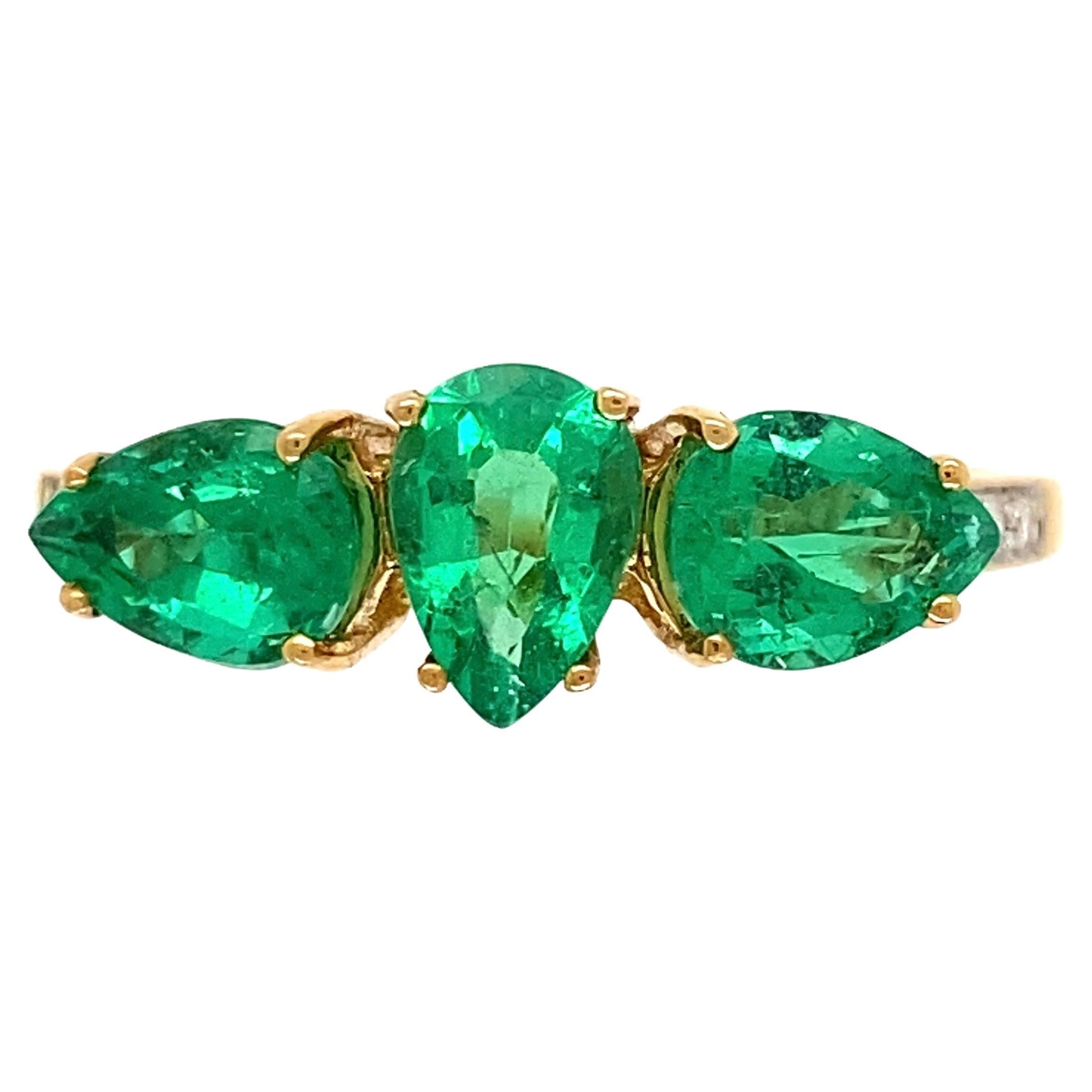 3-Stone Emerald and Diamond Gold Ring For Sale