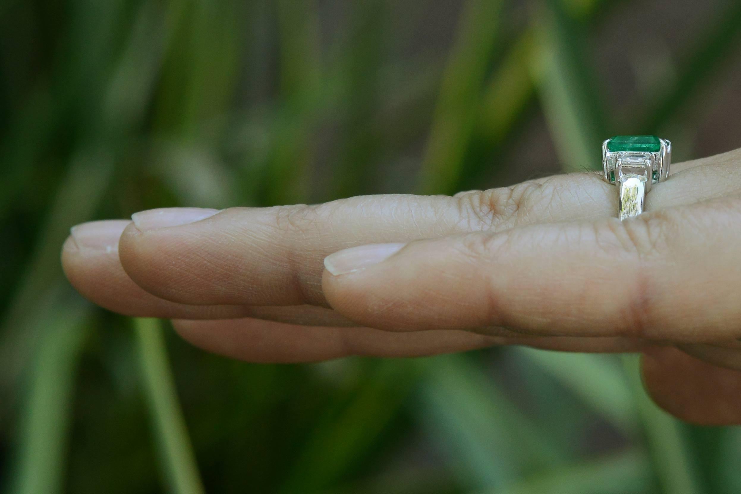 Contemporary 3 Stone Emerald and Diamond Trinity Platinum Engagement Ring