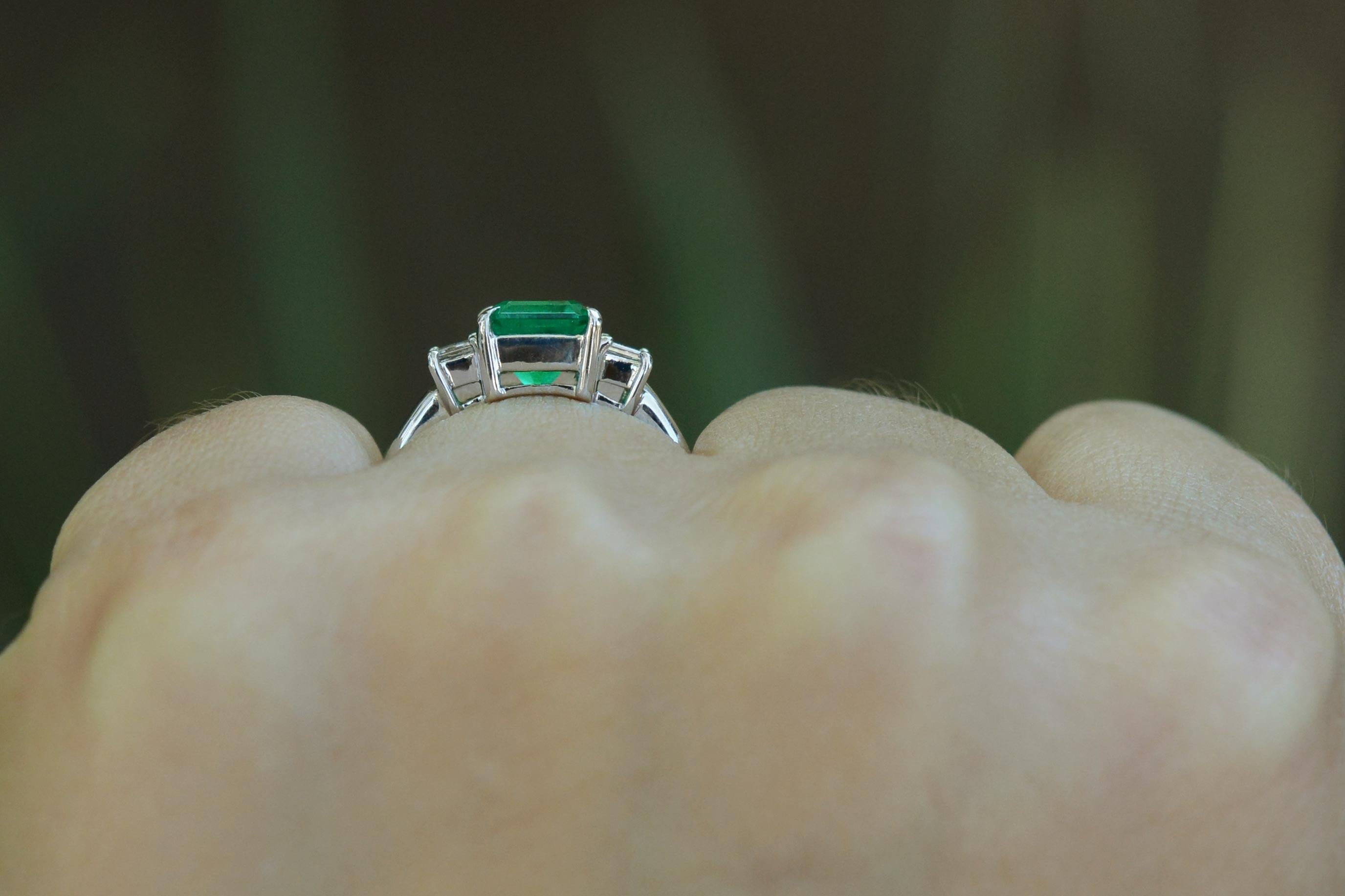 Emerald Cut 3 Stone Emerald and Diamond Trinity Platinum Engagement Ring