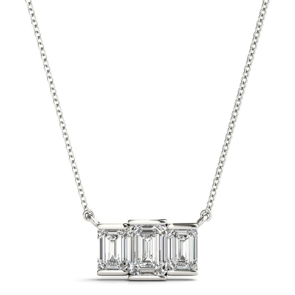 Contemporary 14K White Gold Emerald Cut Diamond Pendant, 3-Stone Design For Sale