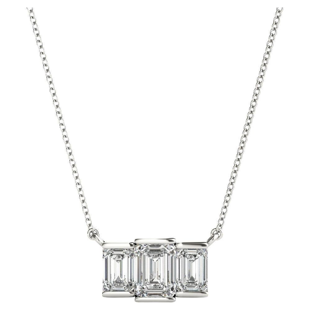 14K White Gold Emerald Cut Diamond Pendant, 3-Stone Design