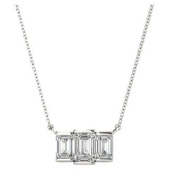 14K White Gold Emerald Cut Diamond Pendant, 3-Stone Design