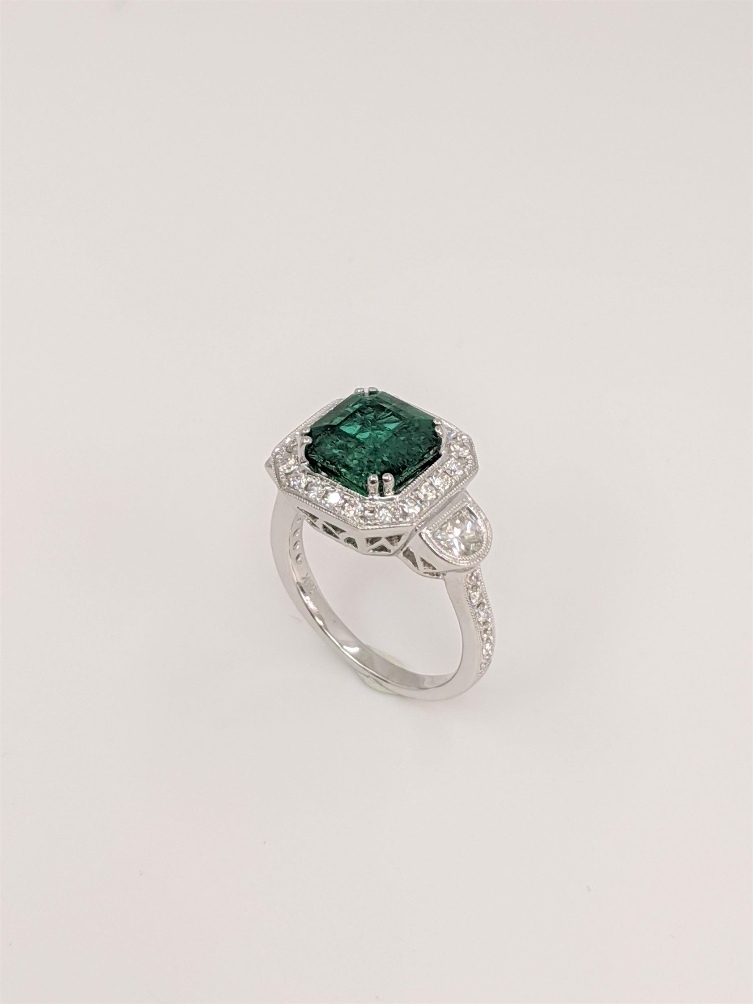 Artisan 3-Stone Emerald Cut Emerald and  White Diamond Ring For Sale