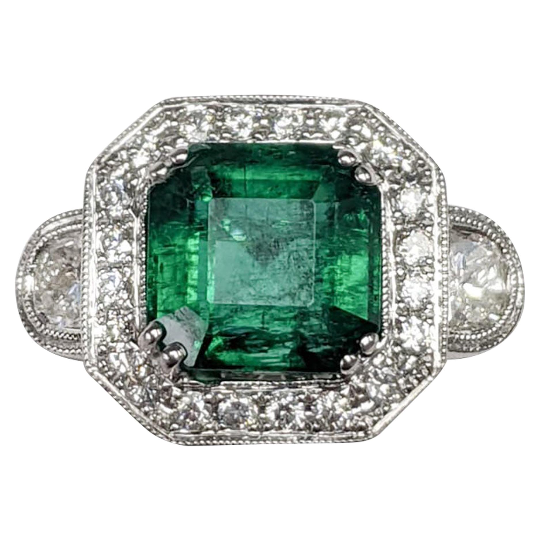 3-Stone Emerald Cut Emerald and  White Diamond Ring For Sale