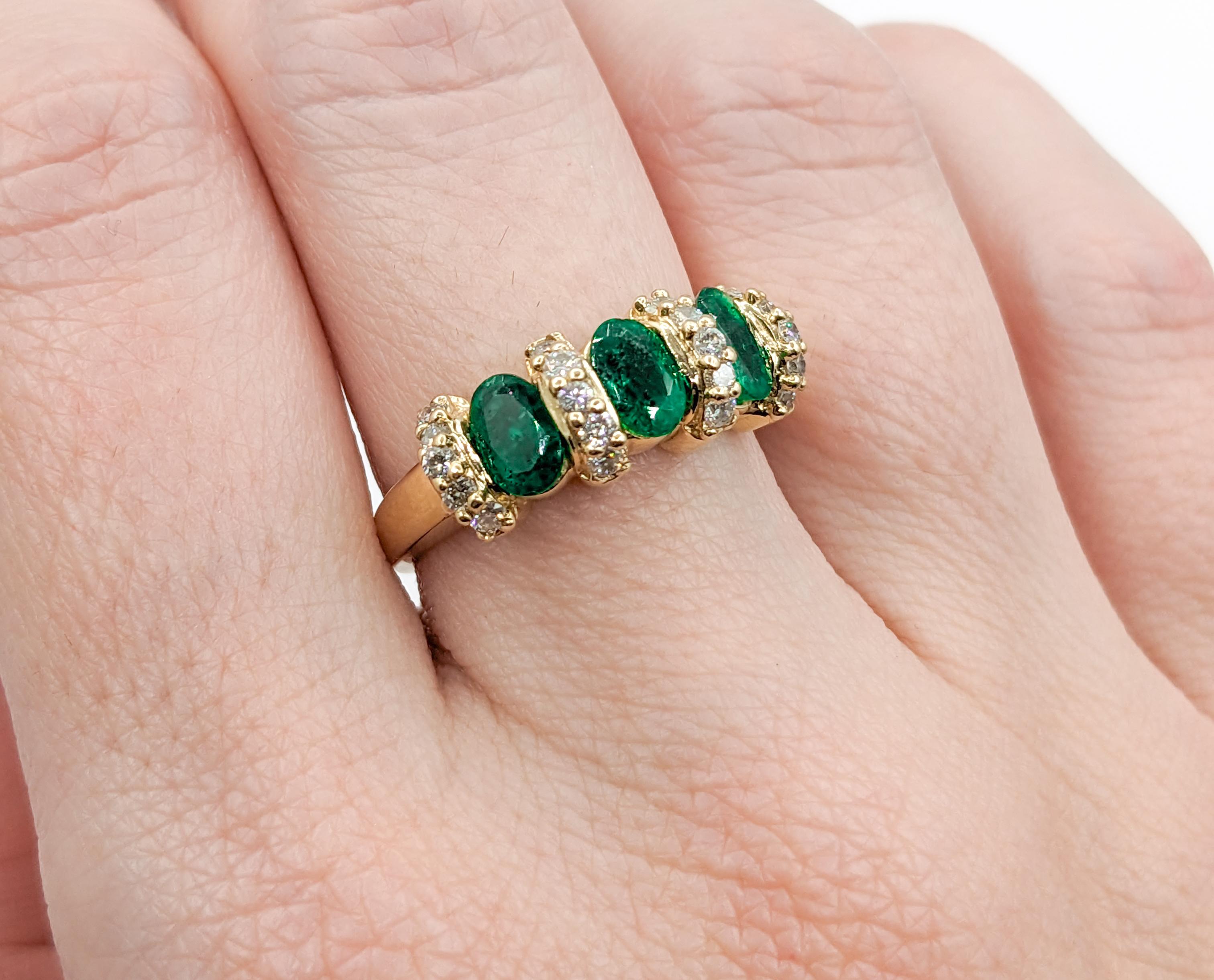 Oval Cut 3-Stone Emerald & Diamond Ring in Yellow Gold For Sale