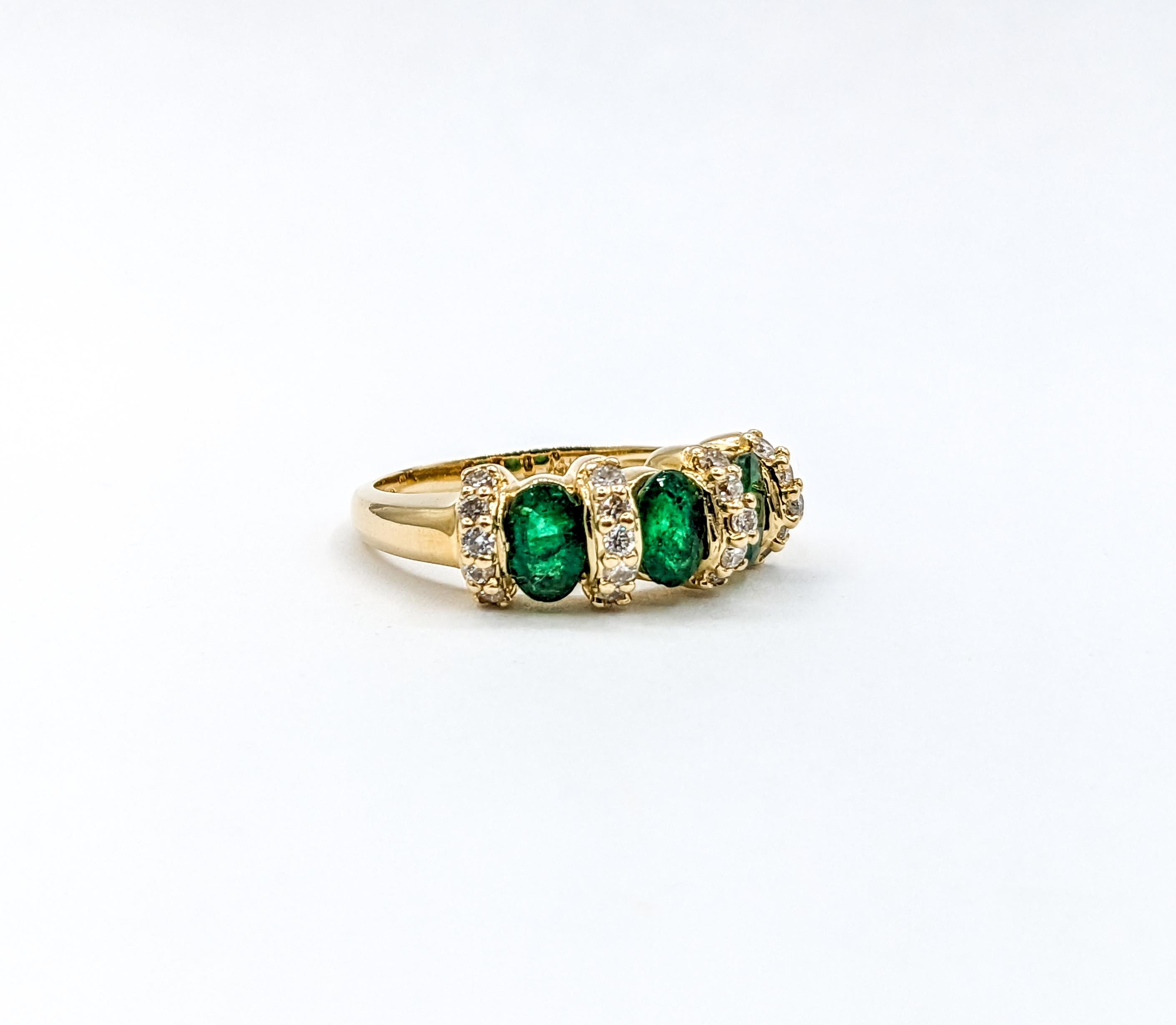 Women's 3-Stone Emerald & Diamond Ring in Yellow Gold For Sale