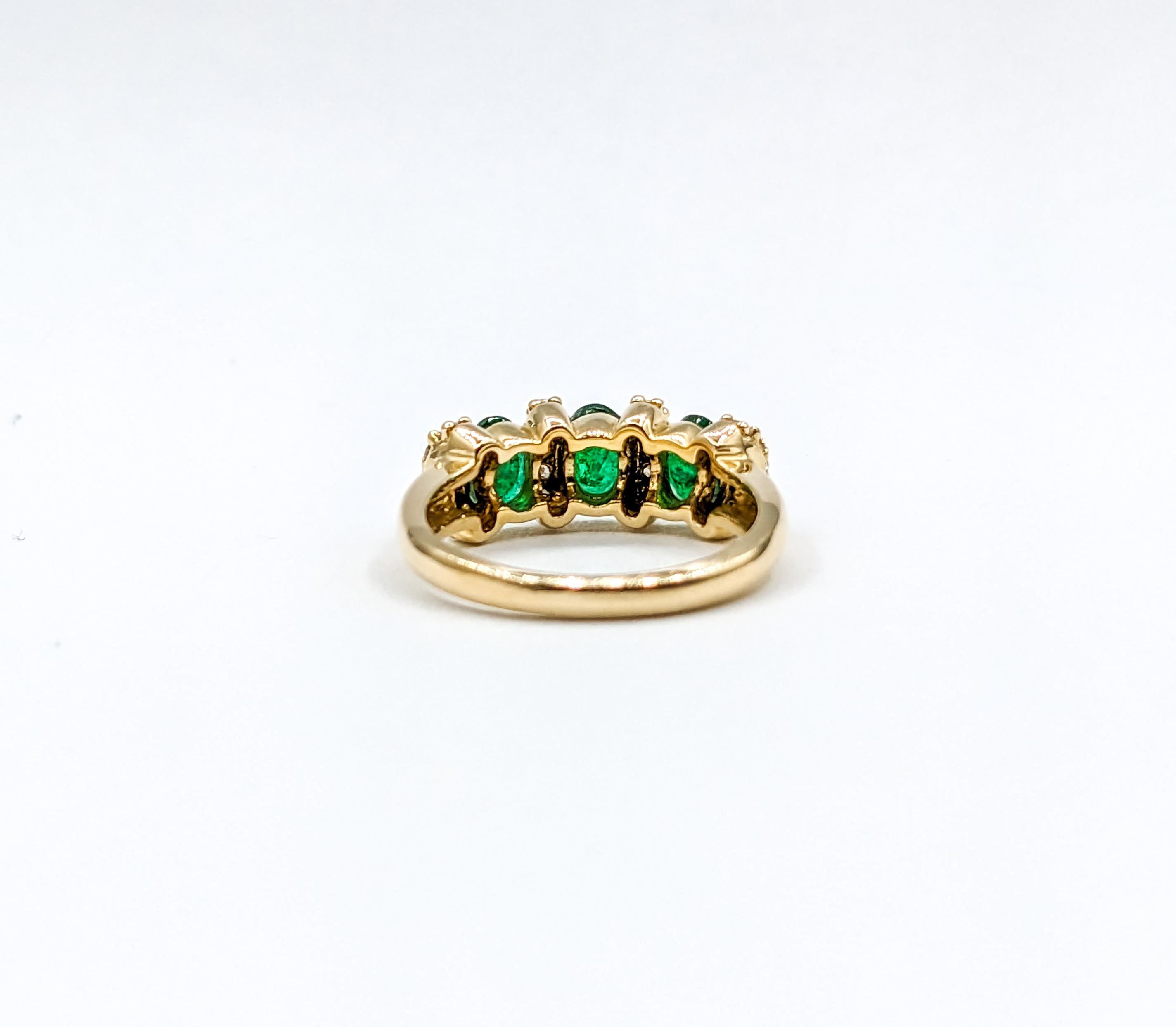 3-Stone Emerald & Diamond Ring in Yellow Gold For Sale 1